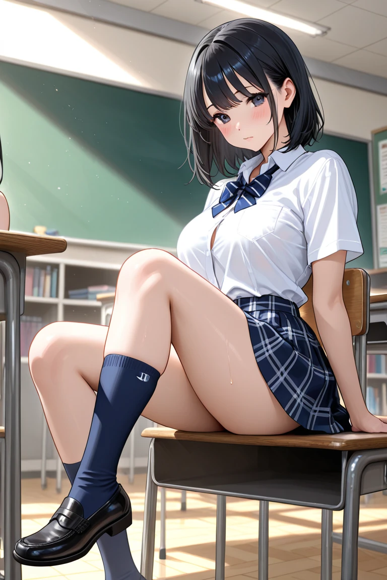 best quality ,masterpiece ,a girl,solo,(summer serafuku:1.1),school uniform,smile,shy,full body,(dark blue school socks),(spread legs:1.2),large breasts,hands behind head,arms behind head,(wearing loafer),sitting on a school chair,in a high school classroom