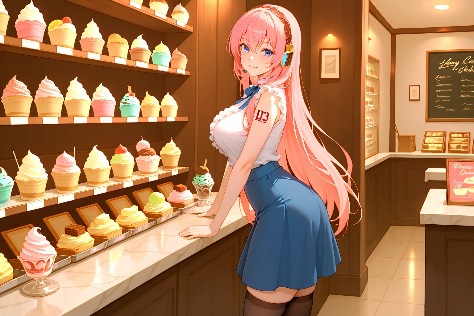 beautiful illustration、top-quality、Cute little girl s、A pink-haired、length hair、(((Pink pleated skirt)))、(((pink sailor suit)))、shortsleeves、huge tit、bare-legged、green eyess、lovely thighs、glowing thigh. 1Girl, pizzeria, with a pink head, and green eyes, beautiful and sunny in Italy. Best quality, 8K, masterpiece, (Ultra HD: 1.3), Pink Hair, Long hair, Ultra Detail Face, Delicate lips with a smile, big Beautiful Green Eyes, eyelids, lipsticks, thin blush, perfect glossy shiny skin, Flawless skin, White skin, perspired, Invite your gaze, D-cups. Beautiful Green Eyes, Big Sexy Smile, (Detail the interior of the Pizza shop), NSFW