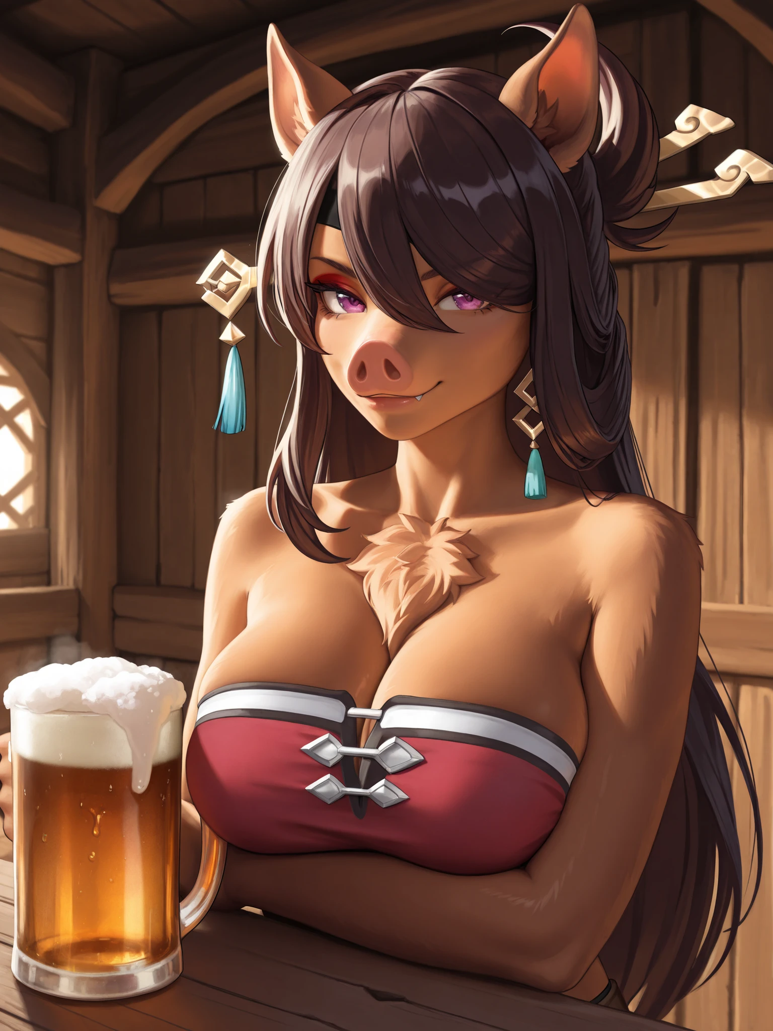 cartoon drawing of a woman with beer and horned head, in a bar, waist, in a pub, in a pub, youthful waist, in a bar, Holding beer in your hands!!, drinking at the bar, commission for high res, (SFW) safe for work, drinking beer, with a drink, based on Tuvia Beeri, Holding beer in your hands