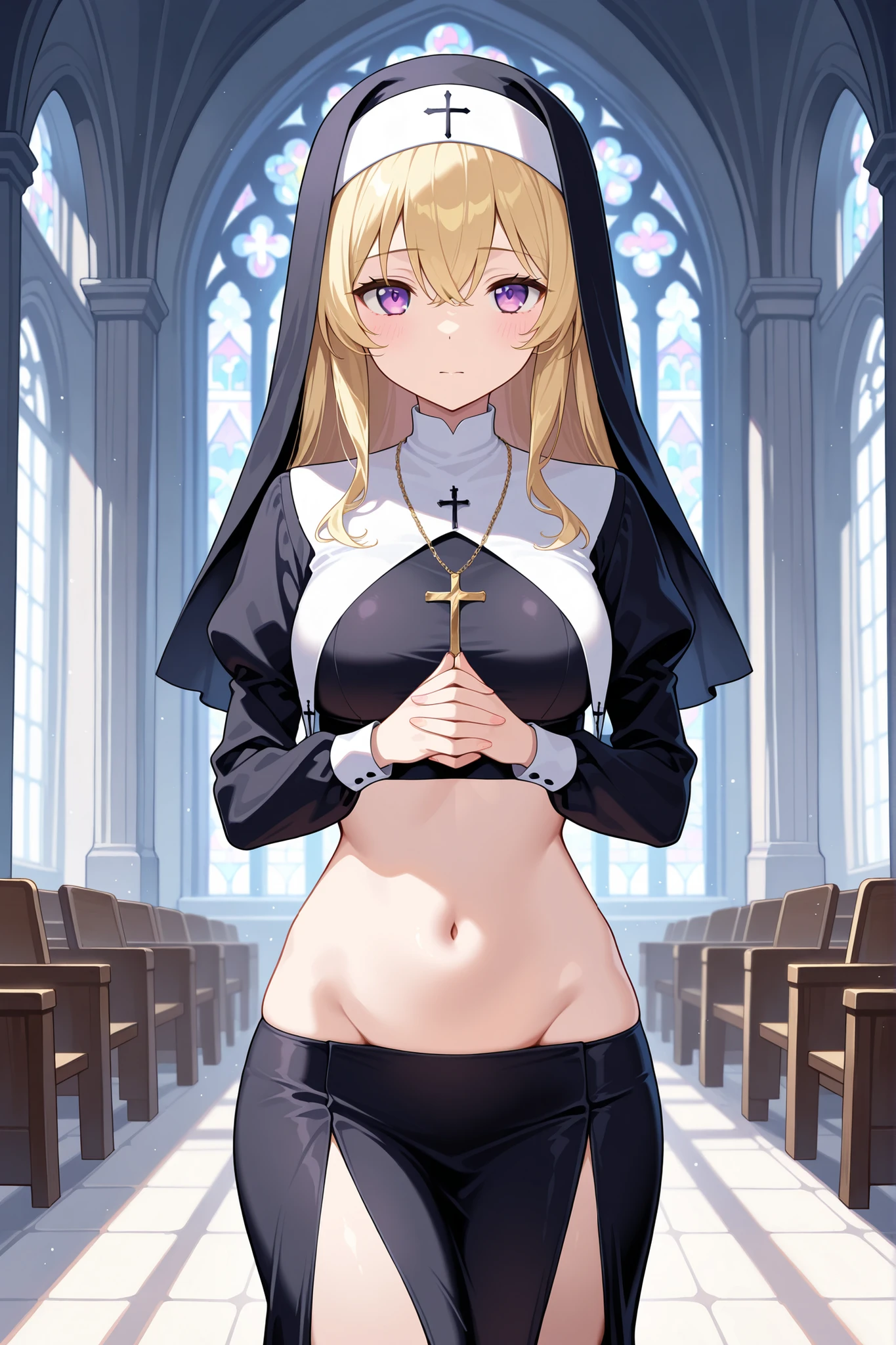 Photo, masterpiece, Best quality, wallpaper, 1 girl, long hair, blonde hair, stands in the center of the frame, looks at the camera, big green eyes,monastic, church, crosses, Benches, in black stockings, light mantle, lustful face, shows wet panties, stands in the center of the frame, close-up.