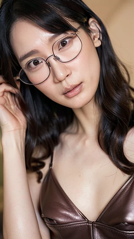 (  Absurdly , high quality , Super detailed:1.2 ) ,( Handcrafted details ) , (Highly detailed beautiful face:1.2),One girl, Mature Woman, ((Akina Nakamori:1.4)),masterpiece, goddess,short hair ,((Purple Hair)),Glasses,((Natural big breasts:1.4)),((Upper Body))