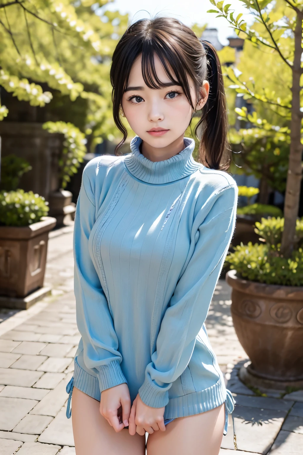 standing under a cherry tree, Japanese girl,20 year old idol girl , cute, (light blue Virgin-killing sweater:1.3), Shining eyes, black hair ponytail, Depth of the bounds written, f/1.8, anatomically correct, Roughskin , super detail, more information, high quality, super detail, more information, high quality, 最high quality, high resolution