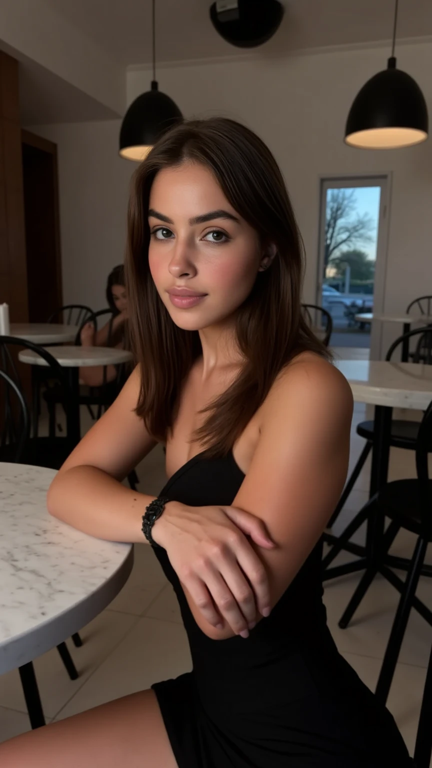 Une fille latina qui montre ses seins discrètement dans un café publique de paris la femme as des cheveux long brun elle regarde la camera de face avec un regarde coquin et seduisant on vois dans la camera la moitié du corp de la femme elle est pose sur une chaise