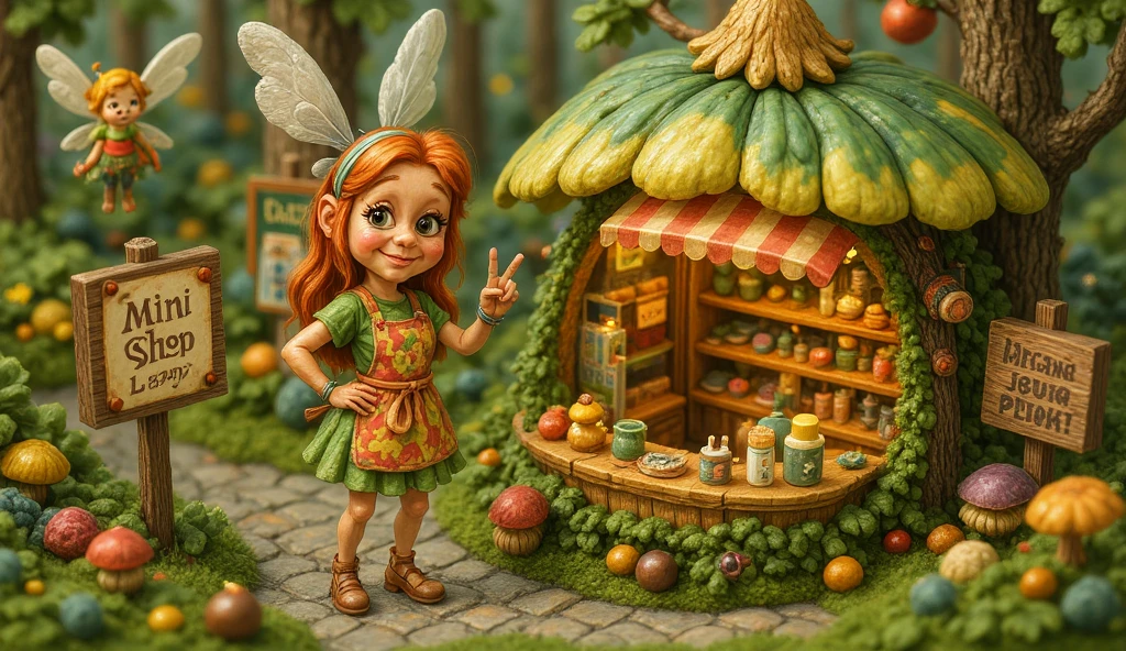 Ultra-detailed whimsical illustration of a fairy participating in a “Mini Shop Showdown” contest, proudly standing in front of her dream micro-storefront. The tiny shop is built into a giant flower, with glowing petals for an awning and shelves made of bark and acorns. The fairy wears a custom apron and poses confidently, ready to win. The scene is full of miniature signs, enchanted products, sparkles, and floating fairy judges in the background. Bright, colorful, joyful atmosphere, UHD 128k style.