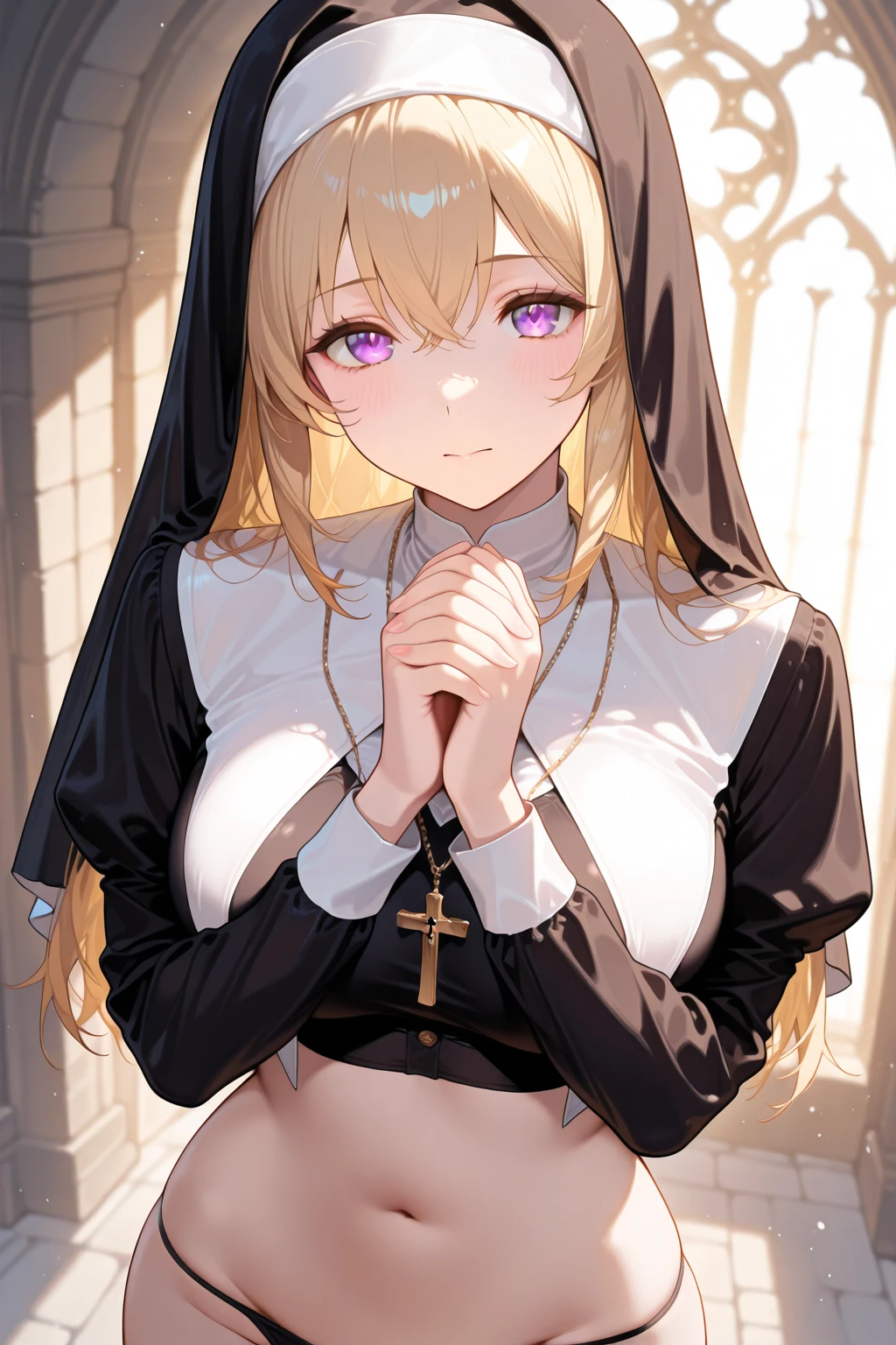 (Best quality, 8k, 32k, Masterpiece, UHD,:1.2),RAW, 1girl,ultra cute , natural lighting,transparent shining eyes, 20yo,medium breast ,fair complexion ,flushed face, nun cassock clothing, praying, kneeling, Church background, torn nun cassock clothing