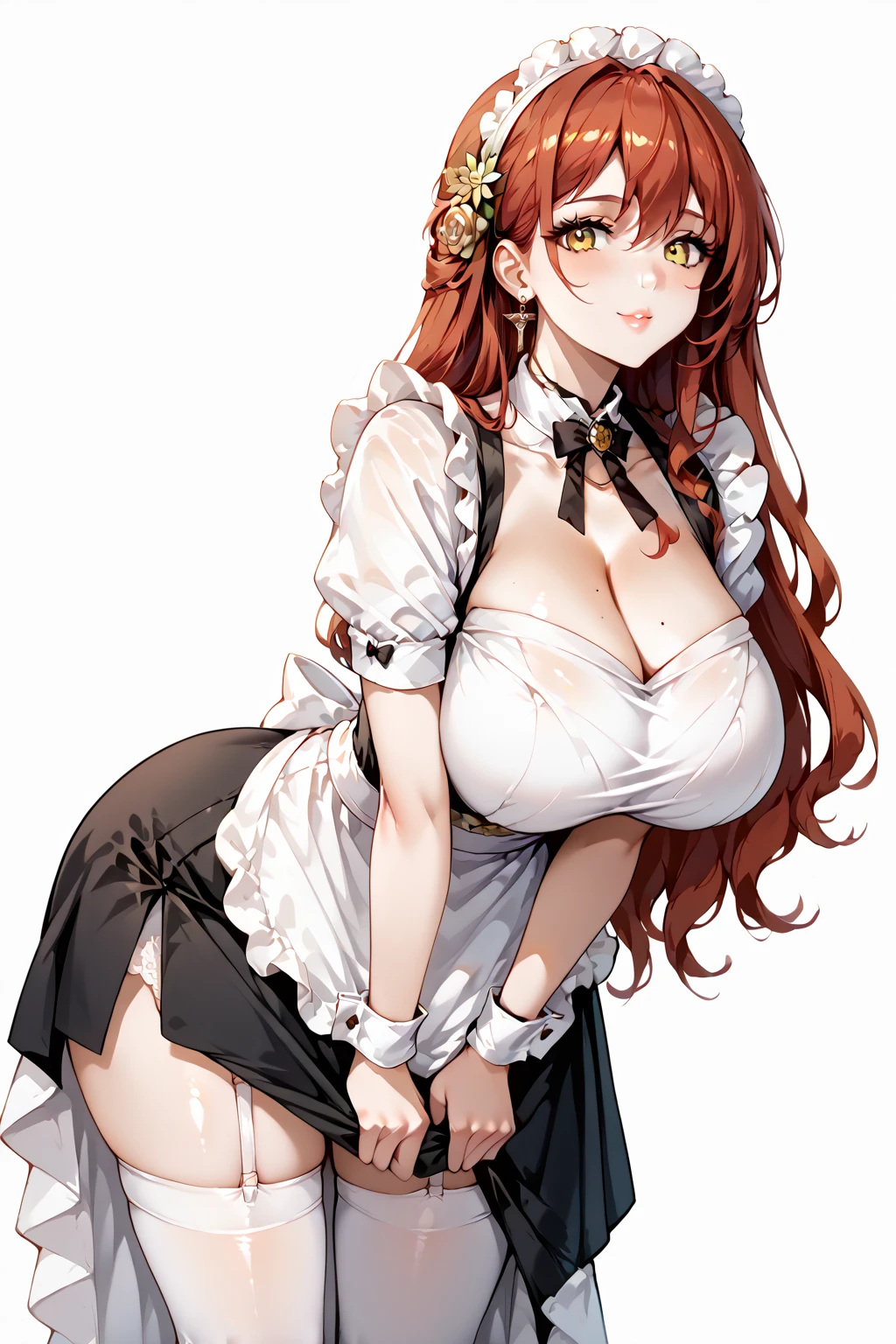 1girl, YurineHayasaki, maid, maid headdress, maid uniform, apron, frills, juliet sleeves, miniskirt, cleavage, large breasts, garter straps,