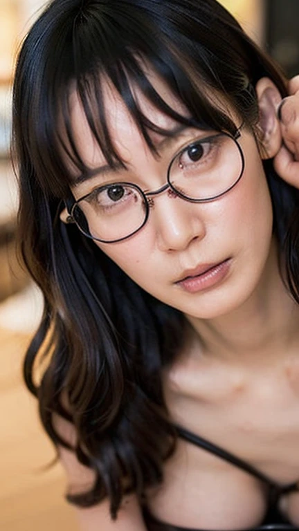 masterpiece, ,(solo:1.1), perfect face, (bright lighting:1.2),beautiful detailed eyes, extremely detailed face, perfect lighting,masterpiece, best quality, ((mature female)), 20yo female,black short twin braids hair with side bangs,(ovalglasses:1.3) ballsdeep, 1girl, looking at viewer, 1boy, hetero, nude, penis, solo focus, pov, oral, fellatio, hand on another's head, pov crotch, :>=,side deepthroat, (teary eyes),onsen ryokan,