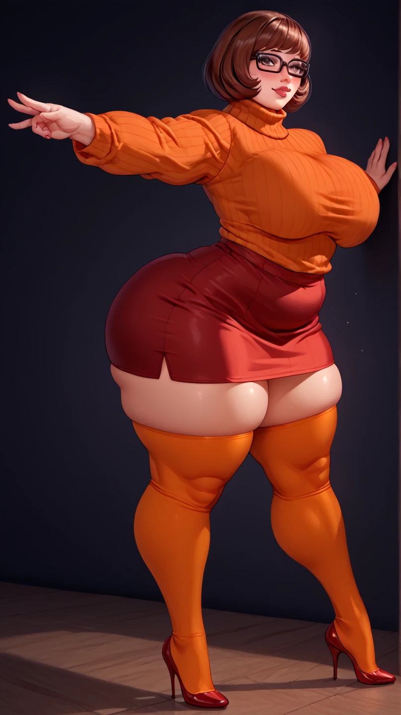 Full body image of Velma from Scooby-Doo, full body in image, wearing her original outfit (orange sweater, red skirt, knee-high orange socks, and black shoes), short brown bob haircut, female body, curvy and  body, dynamic pose, detailed pose, simple background, expressive face showing curiosity, focus on face, line art, sketch,