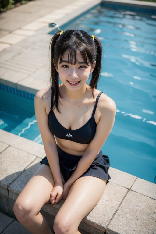 1girl, ((competitive swimsuit)), A beautiful girl wearing a front zipper Track jacket over a competitive swimsuit looks at me, Wear the front zipper Track jacket with the front open, blue one-piece swimsuit, ((Track jacket)), healthy thighs, ((Place your hands behind your back)), Idol-class cuteness, accurately drawn face, boyish, baby face, slender, wet skin, shiny, black hair undercut short hair, Standing in honor, In the indoor swimming pool, precise fingers, exact limbs, sitting by the pool, She turns around and you can see her butt, feet out of frame, depth of field, anatomically correct, UHD, accurate, textured skin, highres