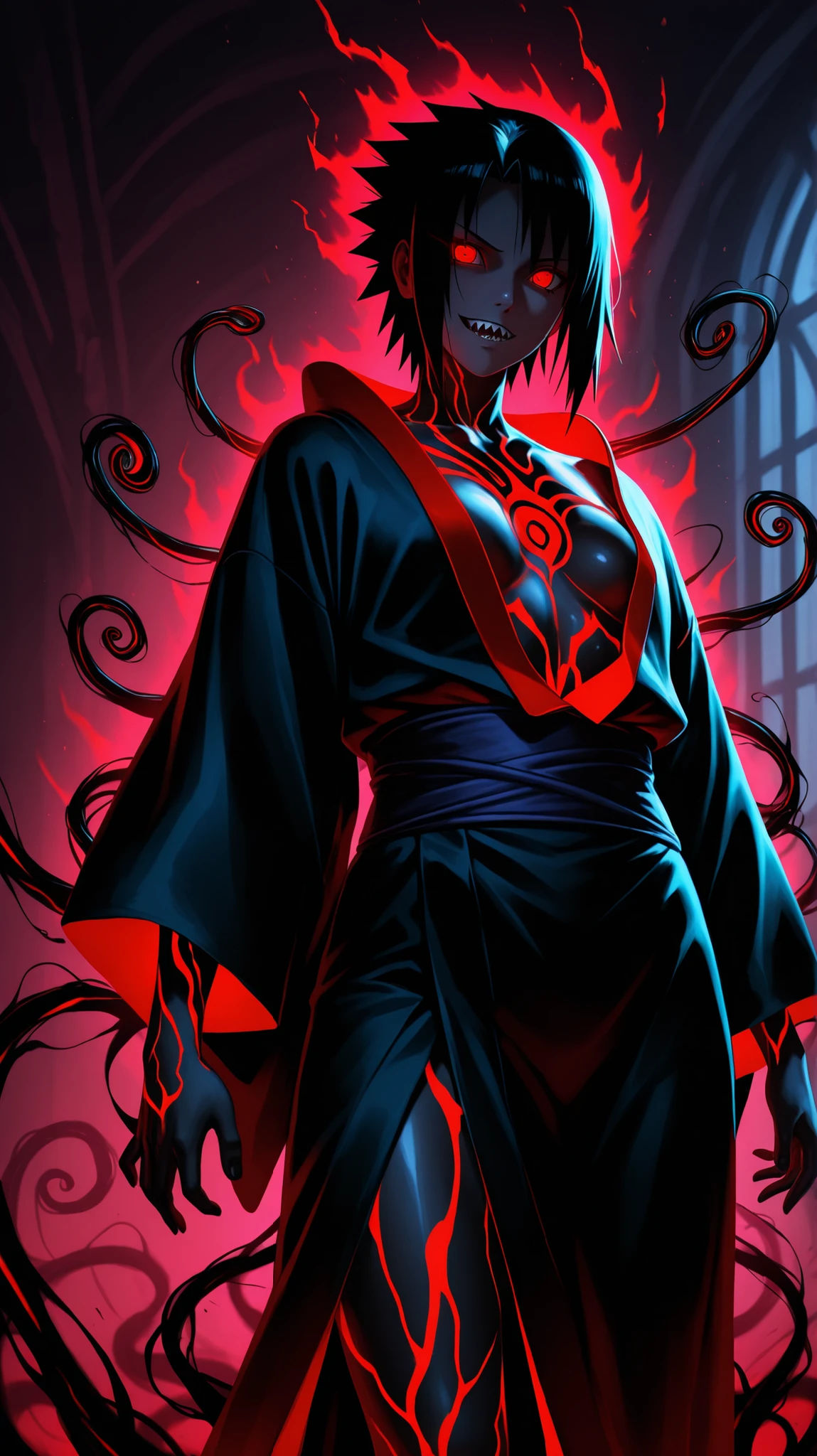 Anime style, (Sasuke Uchiha:1.2) with dark short hair, standing menacingly, half-transformed: left side of face and body covered in grotesque black tendrils and swirling darkness, revealing red glowing eyes and sharp teeth. Right side of his body is normal, showing an open dark kimono over exposed chest. A pulsating, glowing red ring of energy at the top of the frame. Background filled with swirling, chaotic red and black energy and tendrils, hints of dark purple. High contrast, ultra detailed, dark fantasy, demonic corruption, powerful aura, dynamic lighting, 8k, digital painting