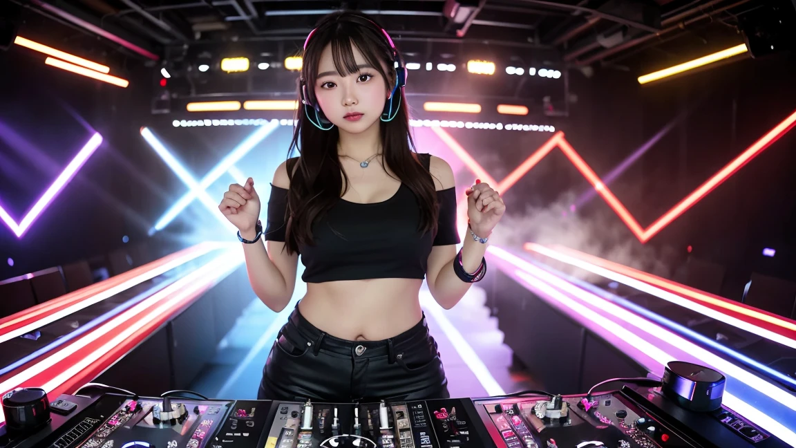 Highest quality, Surreal, Very detailed, women only, DJ Girl, DJ Console, DJ headphones, Actual Photos, 8K, Realistic eyes, Detailed face, Upper Body:1.4, Looking at the audience, To the audience:, Disco Lights,1 Girl,((she is playing the DJ Console )),