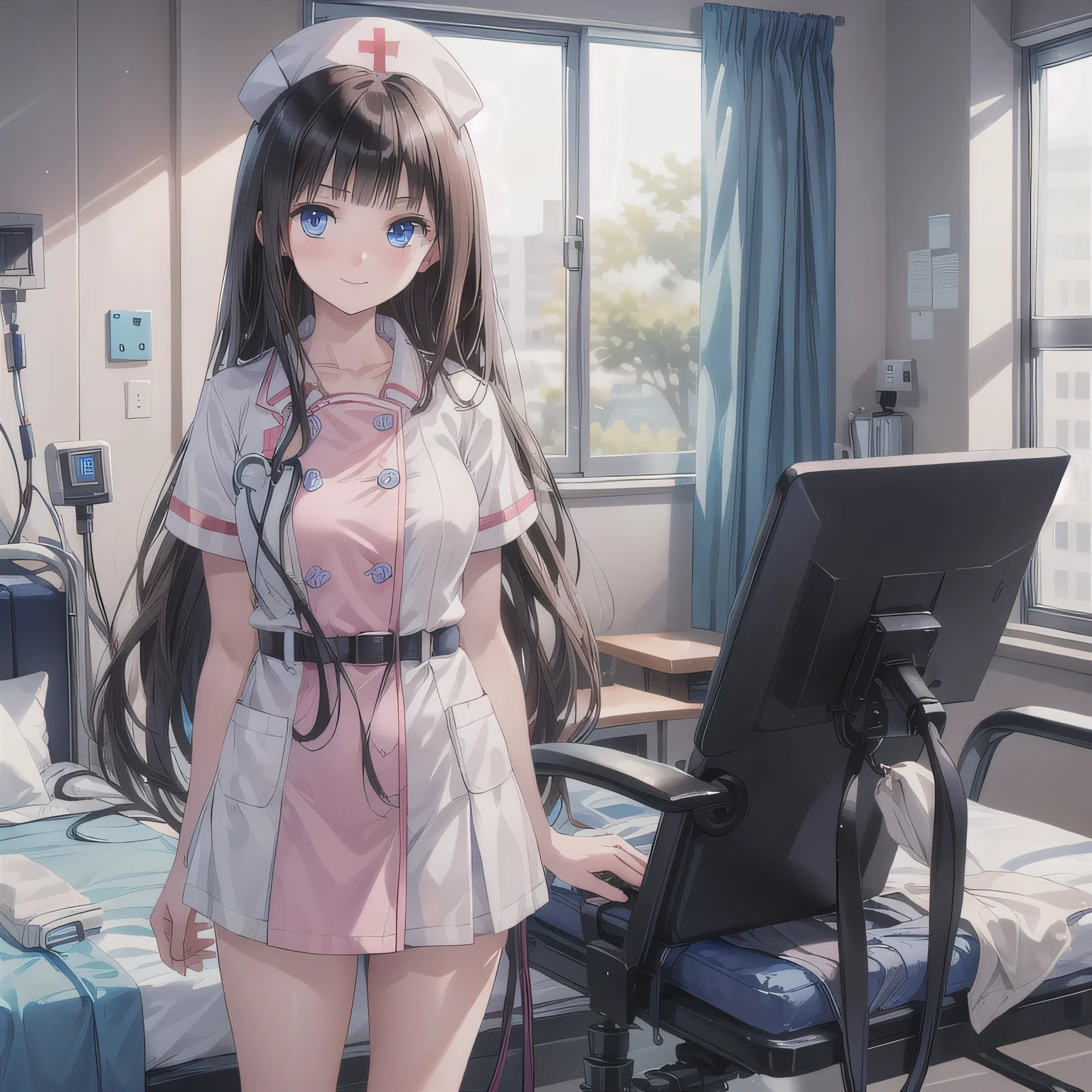 A breathtakingly beautiful 20-year-old woman stands in a warmly lit hospital room, dressed in a white mini-skirt nurse uniform with a matching cap. Her shy smile adds a touch of charm, while the surrounding medical equipment and furnishings create an authentic yet welcoming atmosphere. Blue eyes, dark hair, long hair.