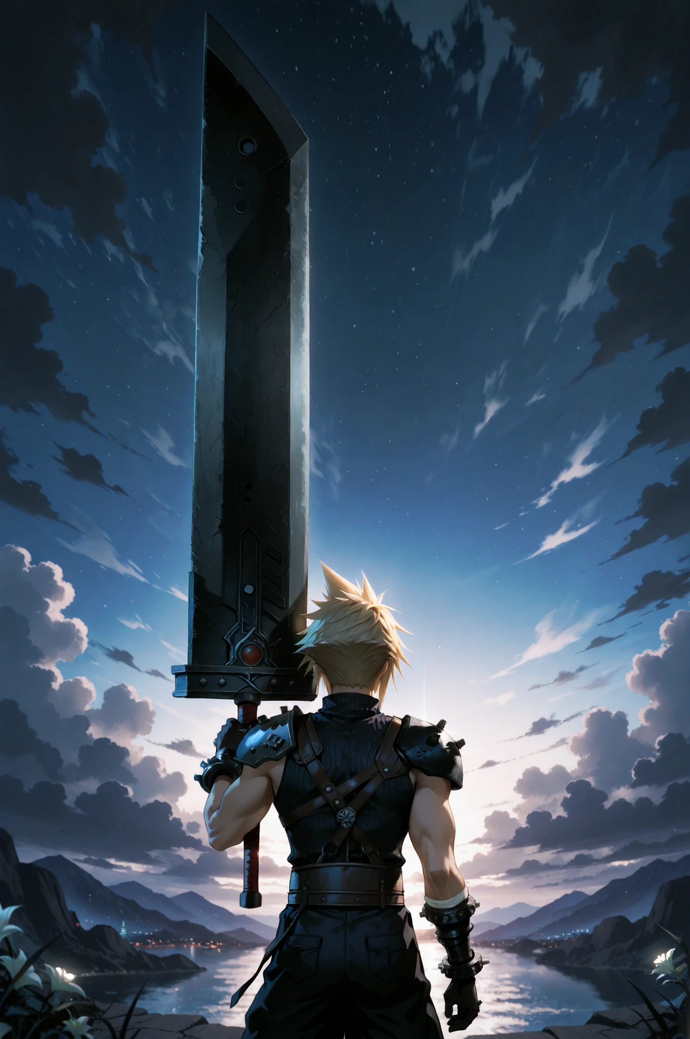 masterpiece, best quality, amazing quality, very aesthetic, high resolution, ultra-detailed, absurdres, newest, holding buster sword, 1man, Cloud Strife, final fantasy, 1man, blonde_hair, outside, night time, masterpiece, best quality, amazing quality, very aesthetic, high resolution, ultra-detailed, absurdres, newest,