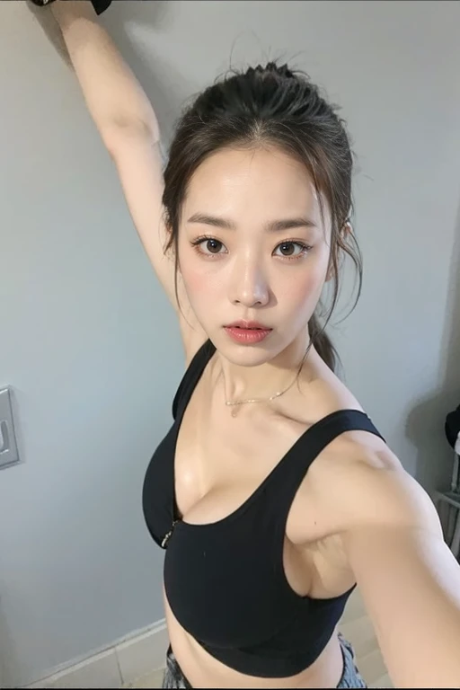 ((highest quality, 8K, masterpiece :1.3)), 1 girl, Beautiful woman highlighting her slender abdominal muscles :1.3, (random hairstyle :1.2), Oversized Tank Top :1.2, super detailed face, fine eyes, double eyelid, armpit, good night
