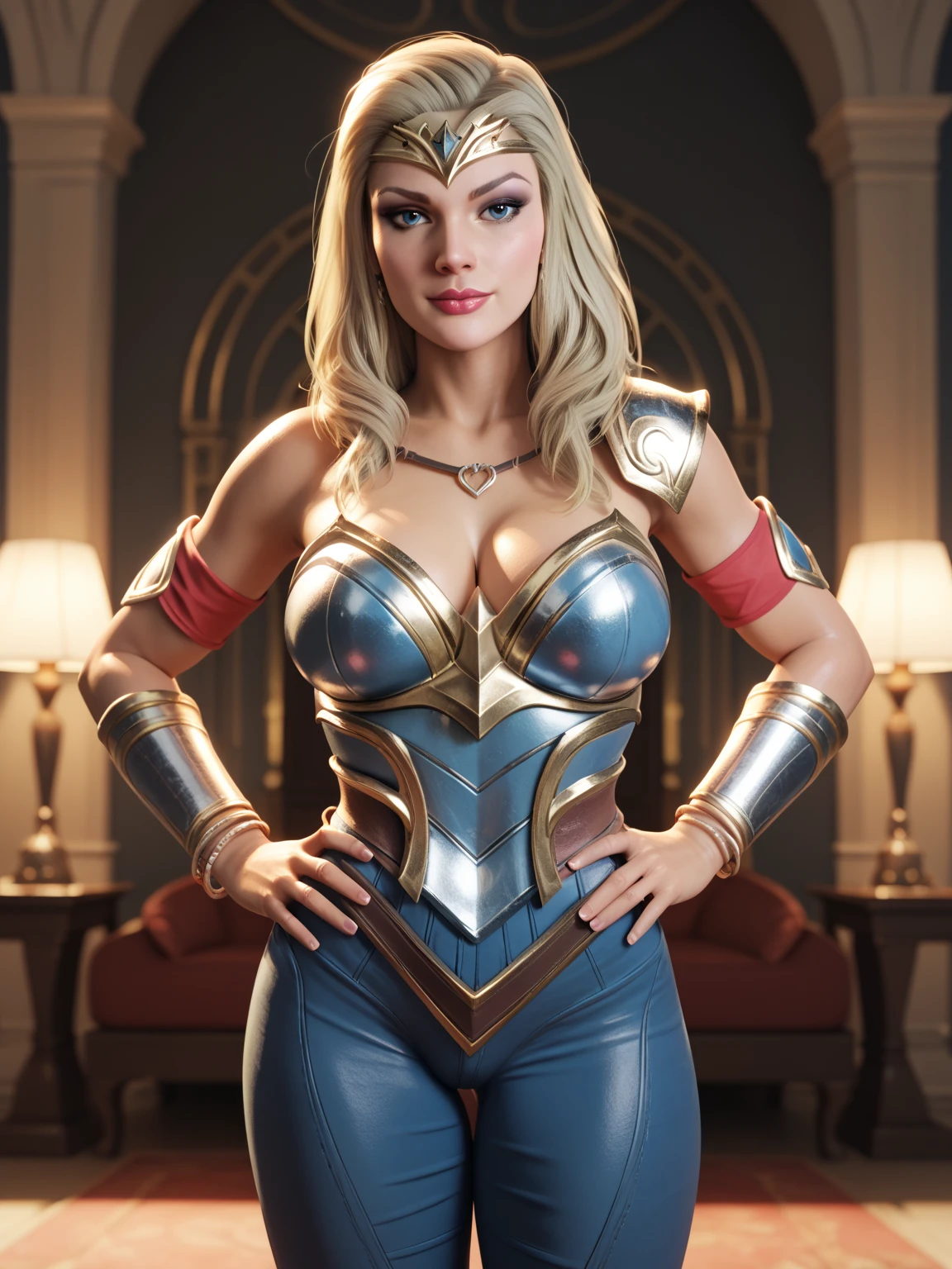 ((Cowboy shot:1.4)) 1 Same Girl , Perfect Beautiful , ((Candy Charms))Face, long blonde Hair , ((  woman in wonder woman suite)) , Athletic Body , ((gigantic breasts:1.2 )),intricate detailed body, perfect face, perfect body, large lips, beautiful eyes, perfect figure, Extreme Detailed Portrait With Bokeh Effect , Realistic Lighting, medieval castle View , Dark Vibe , Crowd , Gothic Makeup , Gothic atmosphere , Posing Like a Model , Looking off to the side, warm lighting, blue street lamp light((sunset ambiance light:1.0))