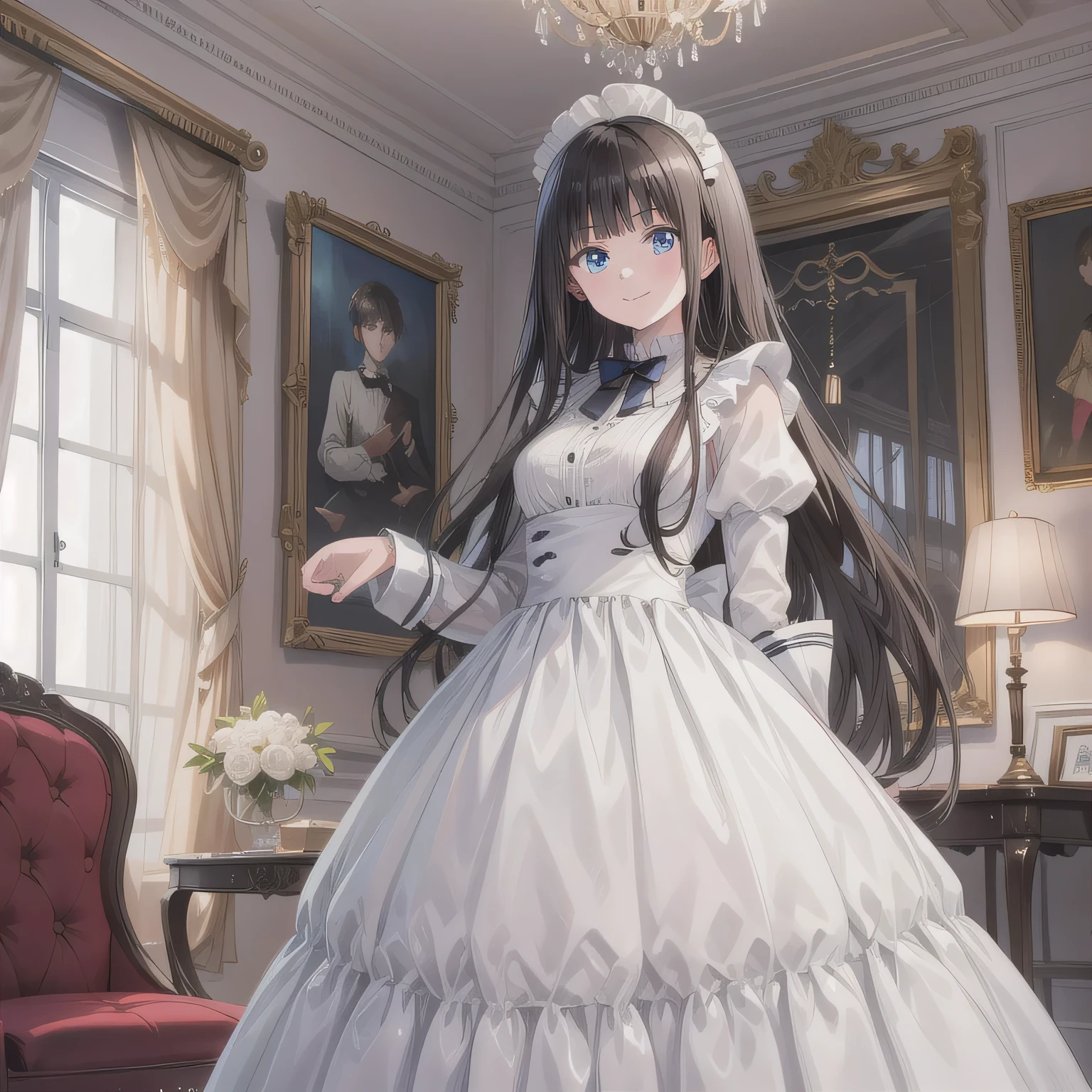 A breathtakingly beautiful 20-year-old woman stands in an opulent mansion room, dressed in a classic black-and-white maid outfit with a short hem and a white brim cap. Her confident smile radiates warmth. The room features elegant furnishings and decor befitting a grand estate, bathed in soft, natural lighting that enhances the sophisticated ambiance. Blue eyes, dark hair, long hair.