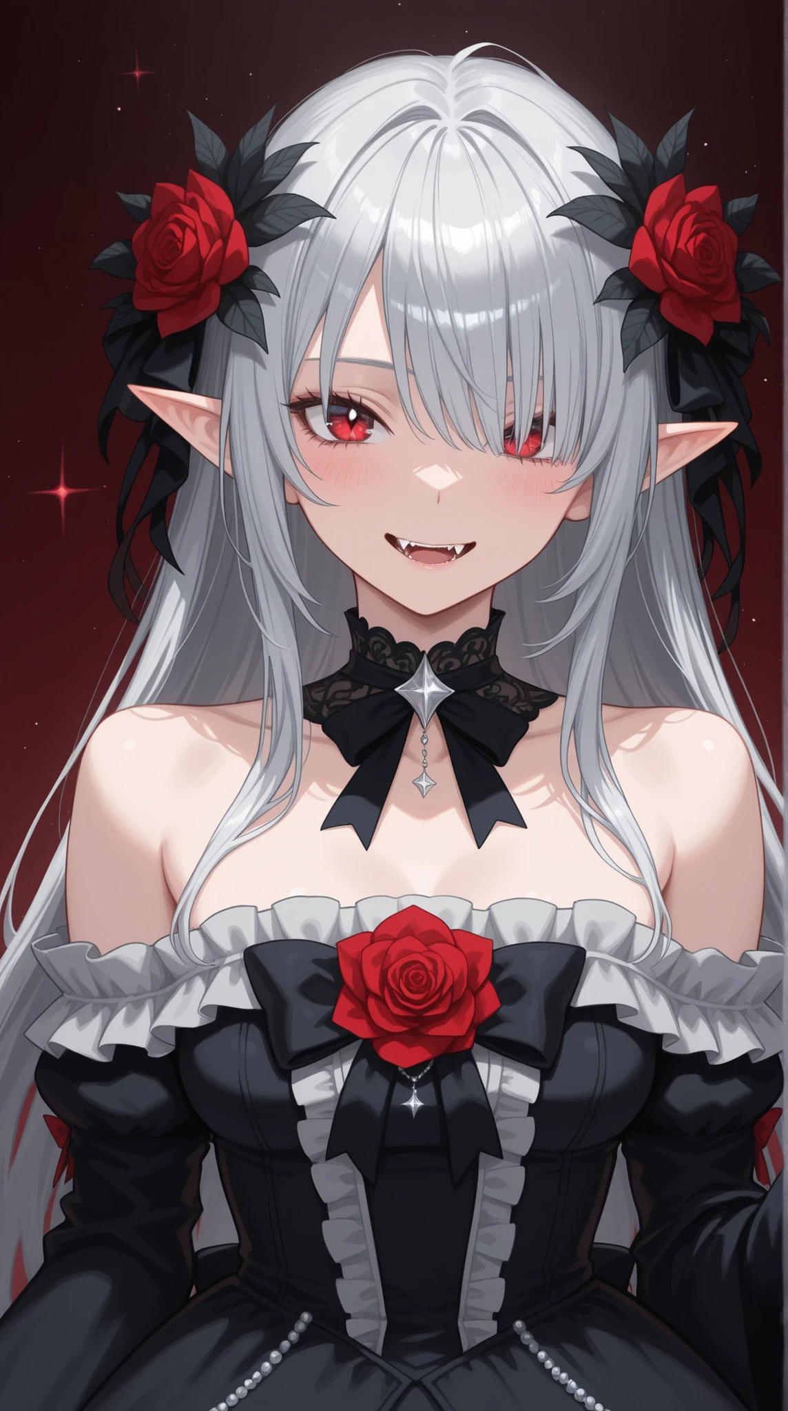 womanhood, Sharp red eyes, one eye hidden,  sharp fangs, Sparkling silver hair, pointed ears,  Off-the-shoulder gothic dress , frills, Flower Arrangements, 
