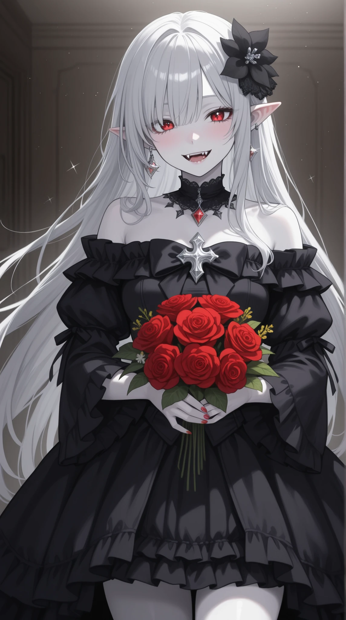 womanhood, Sharp red eyes, one eye hidden,  sharp fangs, Sparkling silver hair, pointed ears, white skin,  Off-the-shoulder gothic dress , frills, Flower Arrangements,    Dusky Room , Dim Light 