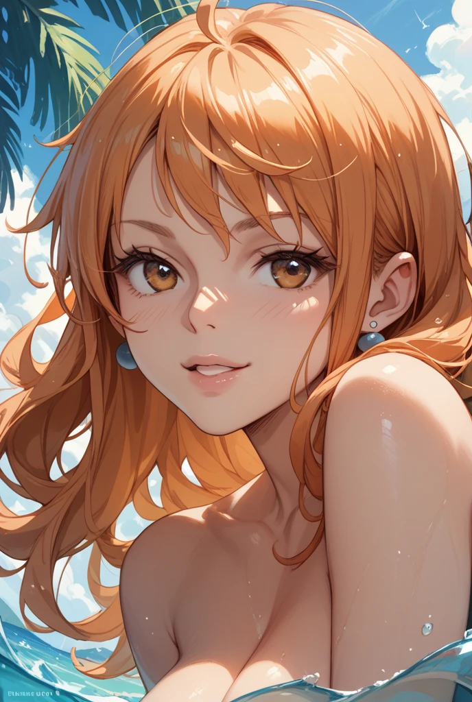 Sunsethuman, Sunset Shimmer, Sunset Shimmer from my little pony, Sunset Shimmer in the form of a girl, medium breasts, lush breasts, voluminous breasts, elastic breasts, five fingers, detailed hands, two hair tones, red-yellow hair, happy face, short hair, bob haircut, topless, laughing, having fun, nipples, naked