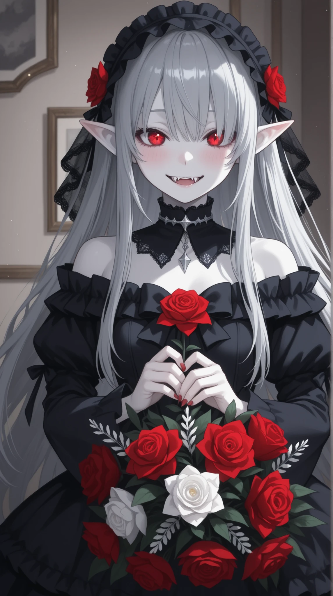 womanhood, Sharp red eyes, one eye hidden, sharp fangs, Sparkling silver hair, pointed ears, white skin, Off-the-shoulder gothic dress , frills, Flower Arrangements, Dusky Room , Dim Light