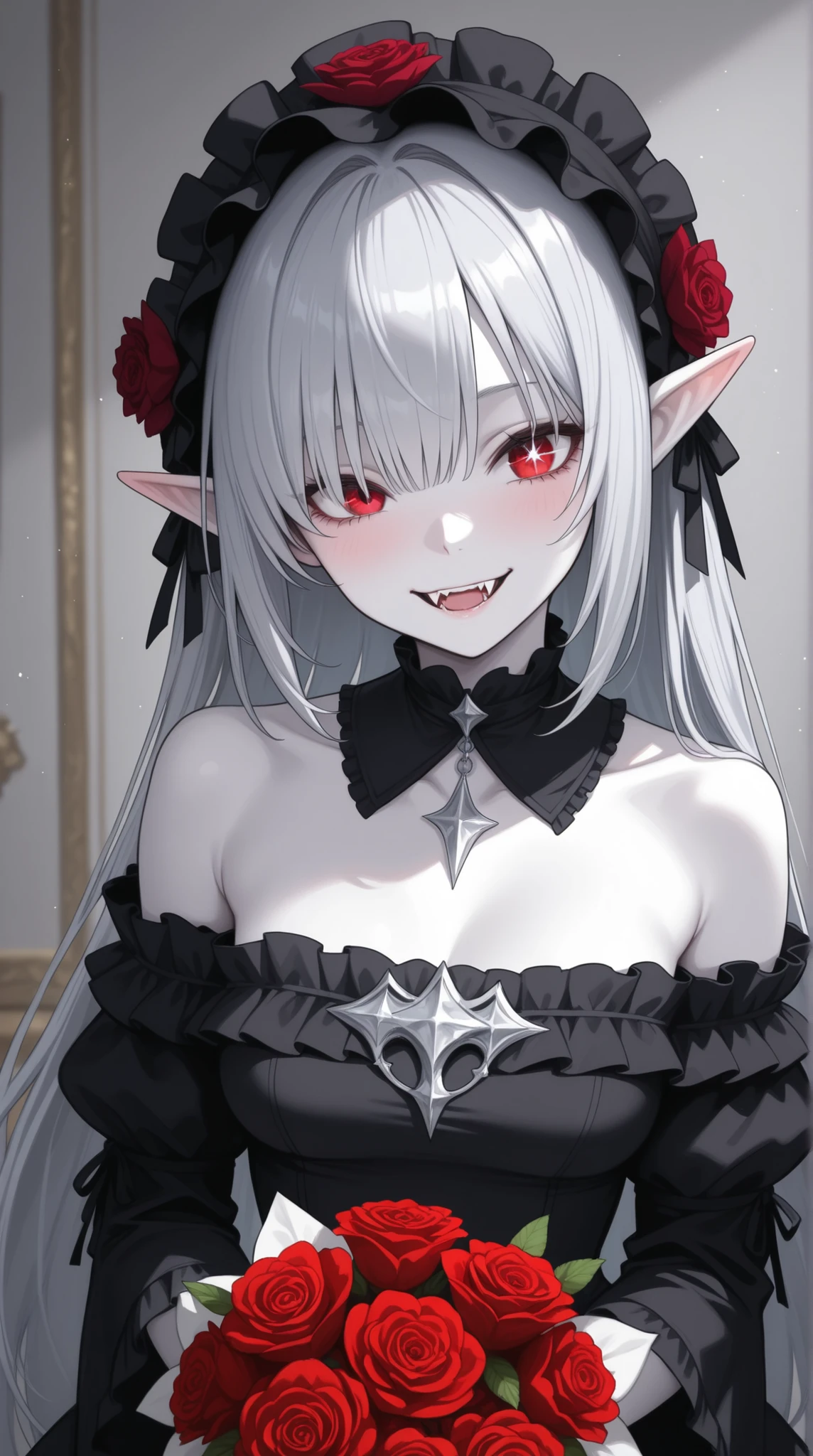 womanhood, Sharp red eyes, one eye hidden,  sharp fangs, Sparkling silver hair, pointed ears, white skin,  Off-the-shoulder gothic dress , frills, Flower Arrangements,    Dusky Room , Dim Light 