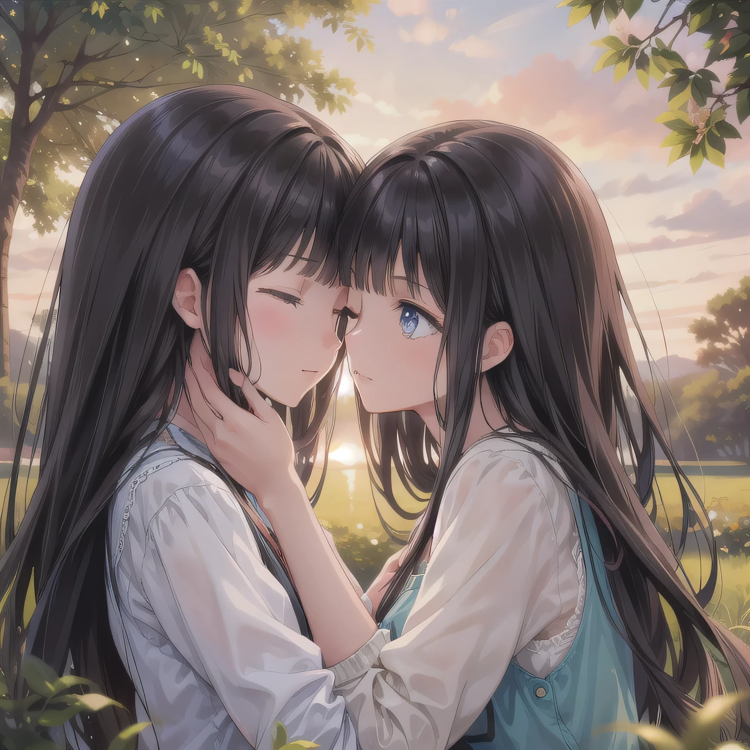 A breathtakingly beautiful 20-year-old woman stands in a lush green park at sunset, bathed in the warm golden light of the evening sun. Facing forward, her eyes gently closed, cheeks slightly flushed, and her face tilted upward as if anticipating a kiss, she embodies serenity and romance. The soft hues of the sunset complement the tranquil surroundings, enriching the dreamy atmosphere. Blue eyes, dark hair, long hair.