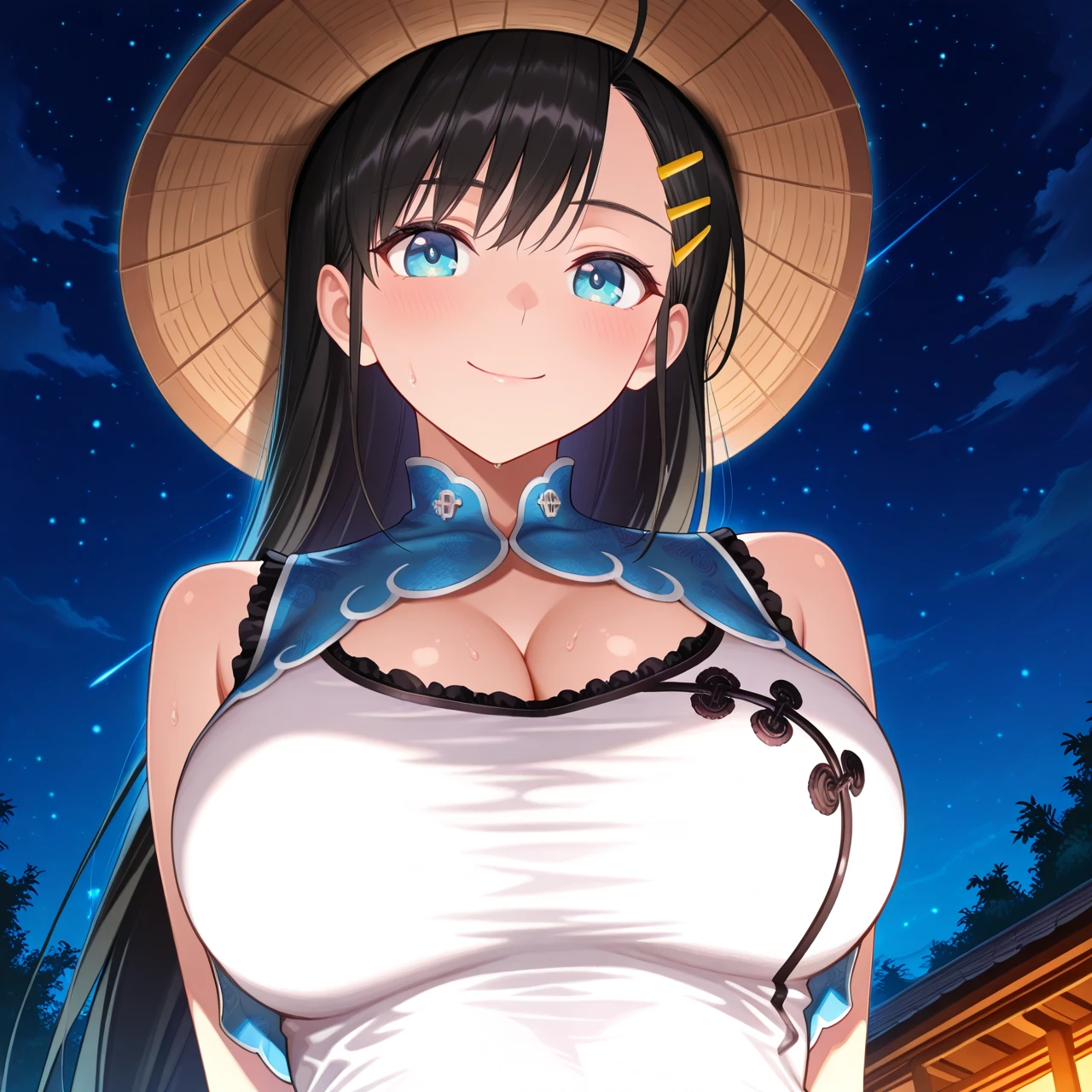 light smile,anatomically correct,masterpiece, highest quality, 1 girl, looking at the viewer, blue eyes, closed mouth, (Urgent 1:0.7) ,black hair、(masterpiece),(highest quality:1.0), (ultra high resolution:1.0), Detail view, 8K, anime, masterpiece、provocative look Fair skin very fine eyes、upper thigh、Highest quality detailed eye, ,sunny meadow background、Detailed、naked、shiny nipples,I'm putting my hands on my hips、very huge breasts、put one foot in front of the other、I'm looking into、from side
