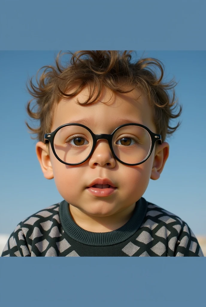 7 year old boy with curly and ash blonde hair, somewhat chubby and wearing glasses