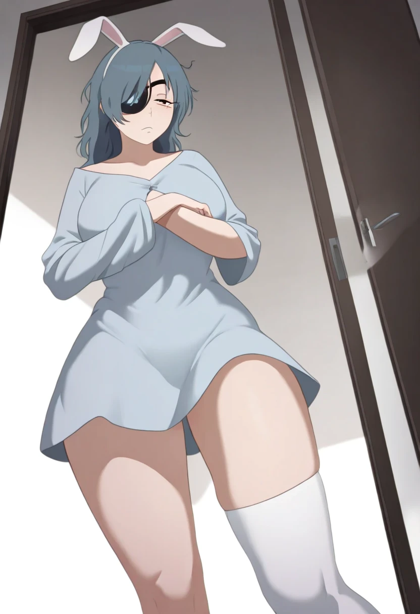 val 1girl,solo,breasts,looking at viewer,red eyes,thighhighs,cleavage,underwear,blue hair,panties,ponytail,thighs,black thighhighs,hair over one eye,medium breasts,sweater,symbol-shaped pupils,mask,turtleneck,garter straps,thick thighs,eyepatch,cleavage cutout,ribbed sweater,short ponytail,+_+,one eye covered,turtleneck sweater,mouth mask,<lora:Valentine:0.7>