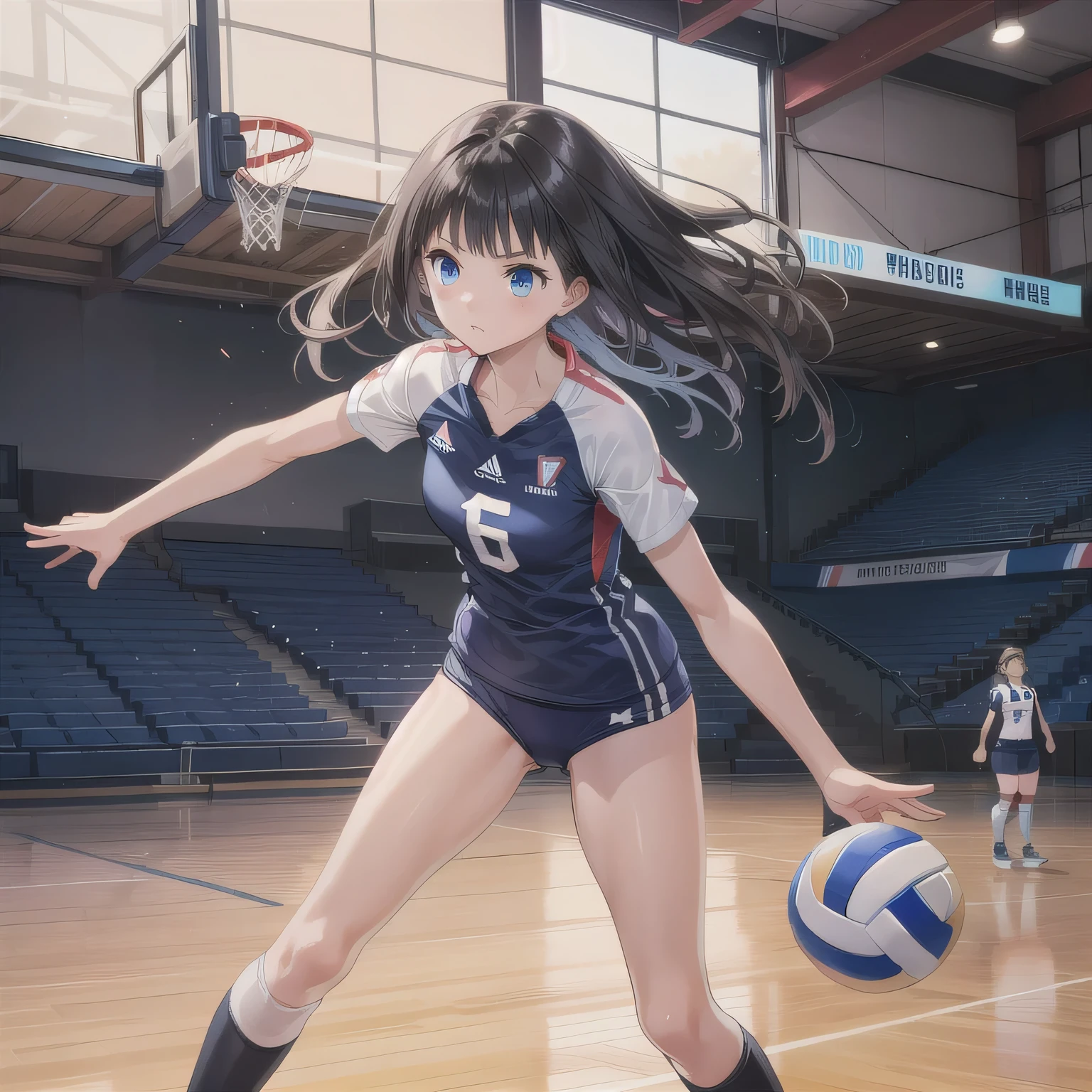 A breathtakingly beautiful 20-year-old woman soars into the air on a volleyball court inside a brightly lit gymnasium, preparing to spike the ball with precision and power. Her athletic form is accentuated by a sleek, form-fitting uniform, and her intense gaze remains locked onto the target. The polished wooden floor reflects the motion, enhancing the dynamic energy of the moment as she displays her skill and determination. Blue eyes, dark hair, long hair.