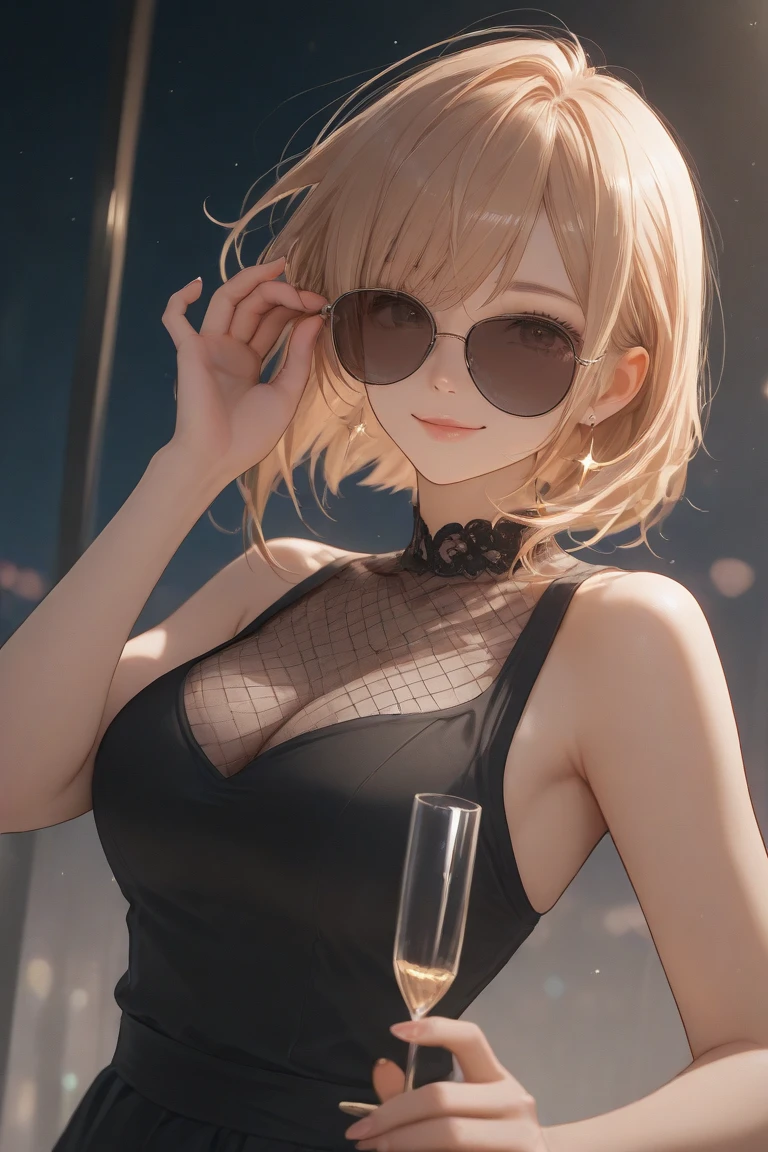 Masterpiece,Highest quality,8k,Ultra-high resolution,appropriate margins,lighting,BREAK,1 person,Very beautiful adult woman,Slim body,Very large breasts,Deep cleavage,Moisturized Skin,BREAK,Golden Hair,(Show your forehead),mascara,Red eyeliner,Light pink lip,Thin teak,Thick upper eyelashes,Thin eyebrows,BREAK,Purple eyes,BREAK,Embarrassed,Shy smile,BREAK,short hair,BREAK,White Shirt,Leather shorts,Fishnet tights,BREAK,Watching the audience