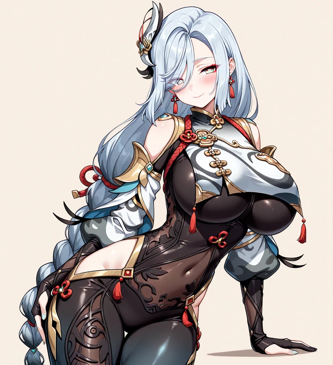 ((ShenheV4,white background,standing tall,looking down,from below,pov,sexy smile,hands on face ((long hair, grey hair, braid))))),underboob,hair ornament, gloves, high heels, long sleeves, white background, holding, jewelry,full body, earrings, black gloves, nail polish, clothing cutout, bodysuit, covered navel, tassel, toenails, gold trim, partially fingerless gloves, black bodysuit, toenail polish, hip vent, shoulder cutout, breast curtain ,masterpiece, best quality, 1girls, solo focus, looking at viewer, blush, hair ornament, long hair, bangs, braid, hair over one eye, parted lips,parted lips,Perfect dynamic composition, ,enormous breast,thick thighs,