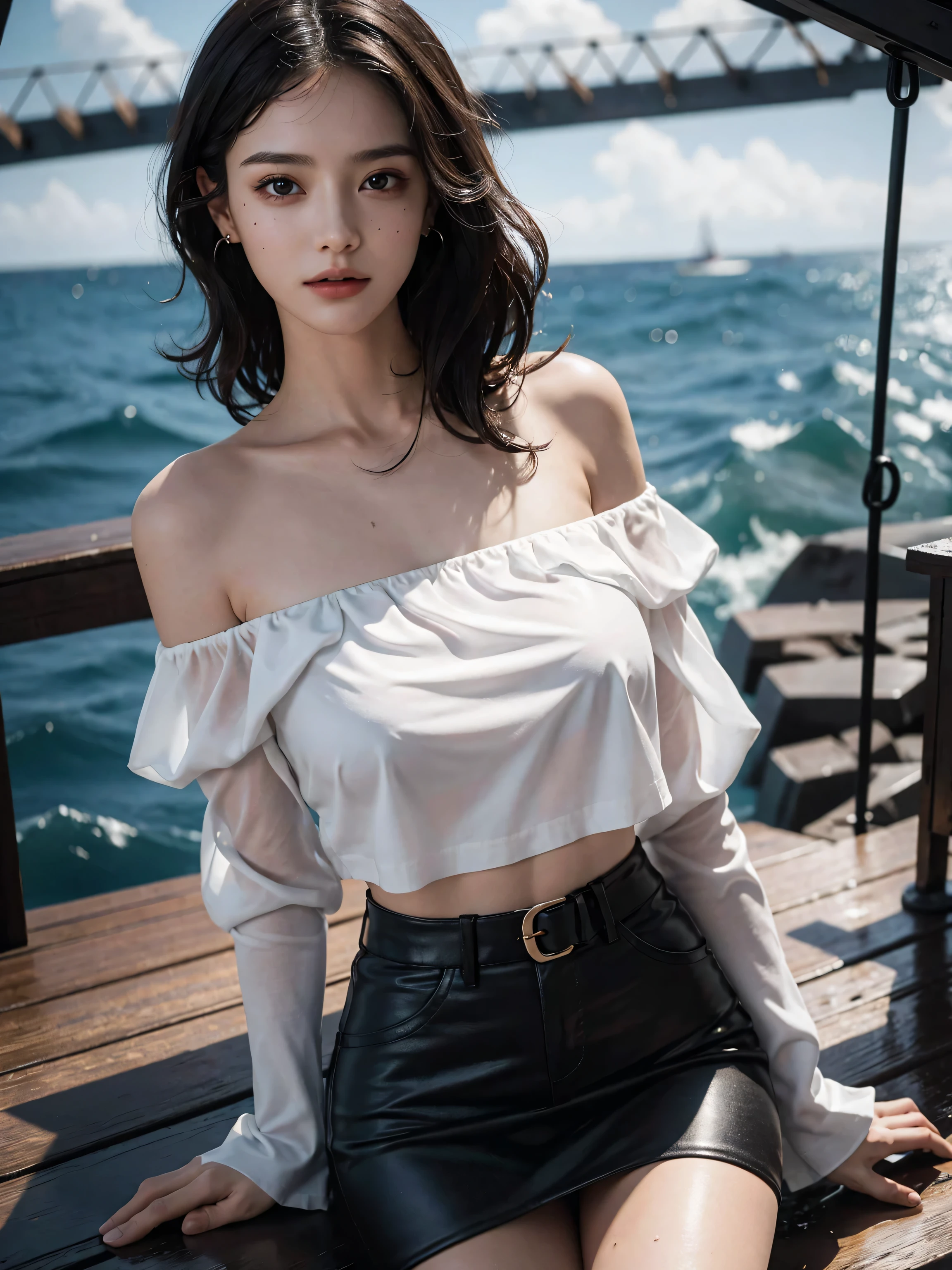 best quality, 1 Girl, dark blue hair, black eyes, Very short hair, Spiky hair, Shirt white, High waist short white, 171 cm, Messy hair, Hair between the eyes, Medium breasts, full, Tomboy, aldult, 20 years old, 1 Girl with yatch luxury at the sea