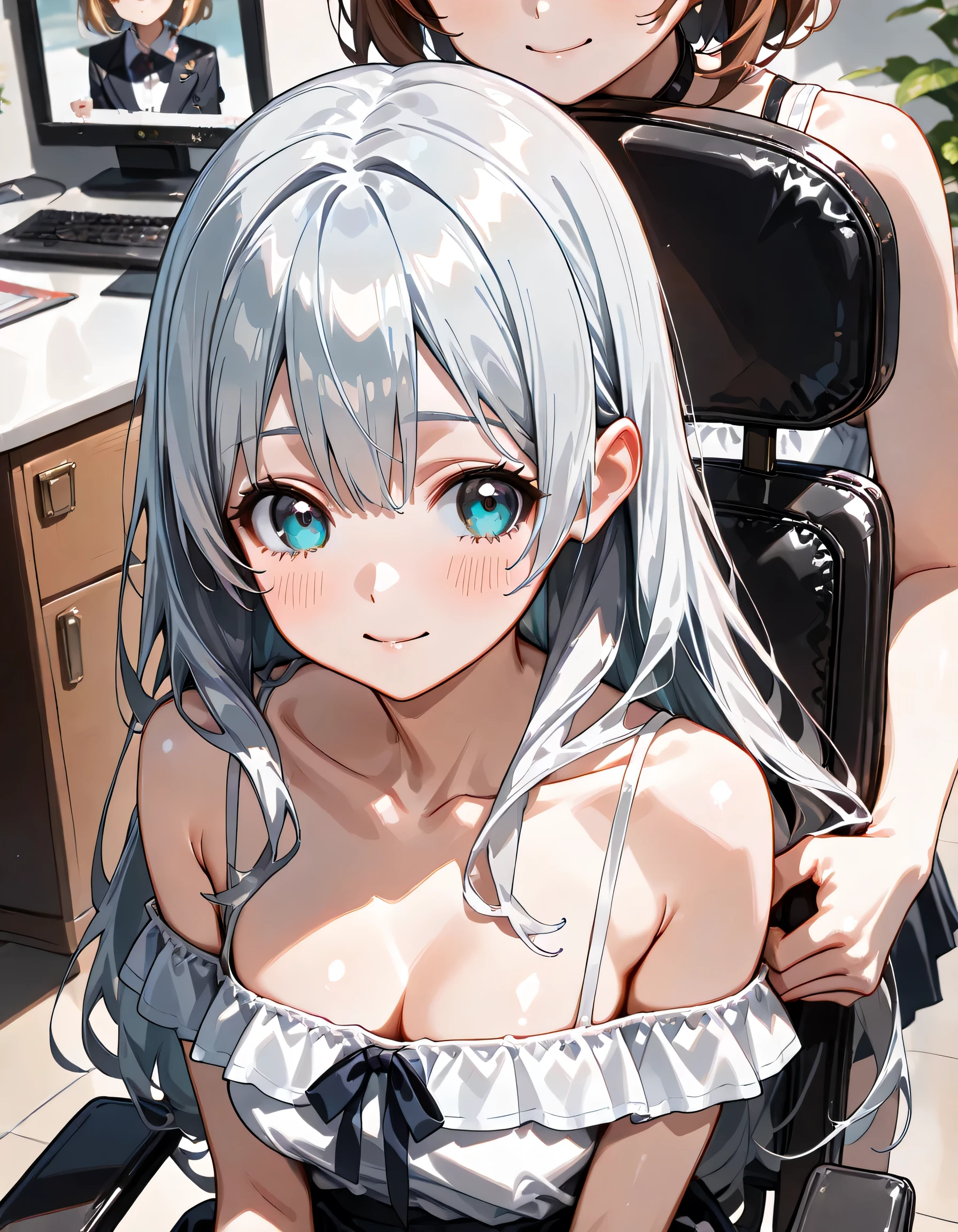 ((ultra-detailed)), (highly detailed CG illustration), (best quality:1.2), ultra-highly detailed, colorful composition, artistic photoshoot, 2girls, duo focus, upper body, moe anime character, girl, dainty facial structure, baby face, round face, rounded chin:1.2, ideal ratio body proportions, blue eyes, long silver hair, ample breast,off-shoulder with bluepurple, culotte skirt with beige, shoulderbag, pastelcolor coordinate, Pulling the carry case, youth fashion, looking away:1.3,, smile:1.4, happy:1.4, joyful:1.4, Create an illustration of a woman cutting to girl's hair, (The girl has silver long hair,The girl is sitting in a barber's chair),and the background is a barbershop, hair salon:1.3,
masterpiece, stylized aesthetic charismatic randomly composition places and deep breath detail pro-style digital watercolor wax and wash style intricate filigree images, meticulously craftmanship infinity artistic stylebest quality, masterpiece, expecting, pink cheek, blush, light pink gloss slip, portrait, depth of field, poured sunlight, sidelighting, shine, lighting, caustics, ray tracing, perfect face, lustrous skin, highly detailed face, highly detailed eyes, perfect face, perfect nose, perfect hair, perfect eyes, perfect anatomy, beautiful hair, beautiful small face, extremely detailed face, beautiful detailed eyes, beautiful clavicle, beautiful body, beautiful ample breasts, leavage, breasts squeezed together, equalize the size of the left and right breasts, beautiful thin thighs,  beautiful legs, beautiful fingers, 4 fingers, 1 thumb, lovely, (very detailed background:1.0), (highly detailed background:1.0), intricate details, joyful  atmosphere, colorful and sparkling colors palette, chromatic aberration