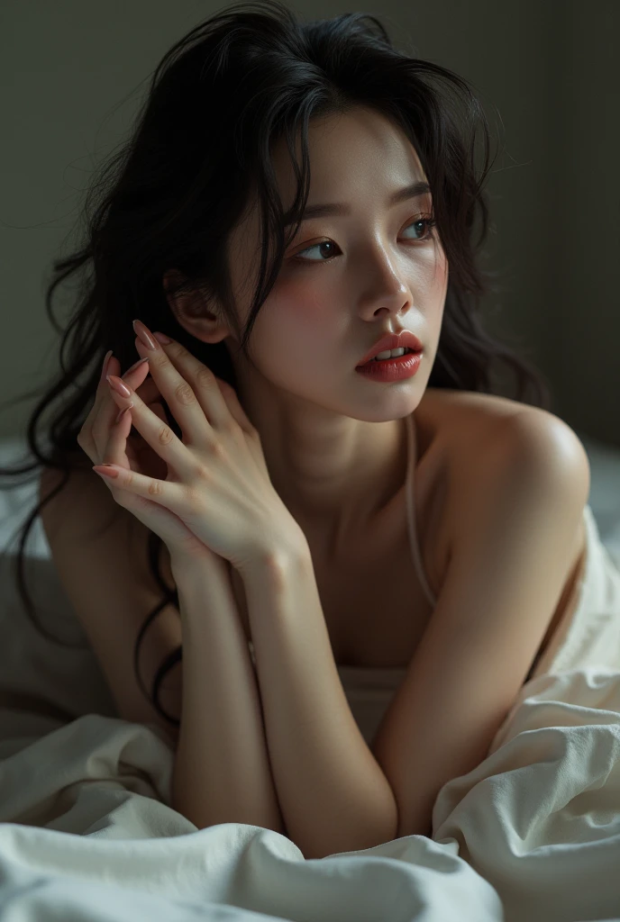 Top view,whole body,beautiful korean women,bra shoulder straps down looks sexy,long black hair,tied up in a bun,wearing a sexy black short lingerie dress,ideal body,body wet with glistening sweat,compact chest ideal,,Show your beautiful thighs and calves in a sexy style,lying on the bed wearing a small silver necklace,exposed to sunlight window,best quality stylish photography,8k hd.