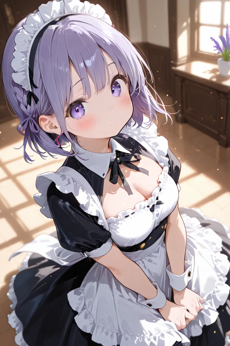 1girl, white purple hair, solo, breasts, looking at viewer, blush, short hair, open mouth, blue eyes, thighhighs, dress, cleavage, medium breasts, short sleeves, frills, choker, puffy sleeves, black thighhighs, apron, puffy short sleeves, zettai ryouiki, wrist cuffs, maid, maid headdress, white apron, maid apron 