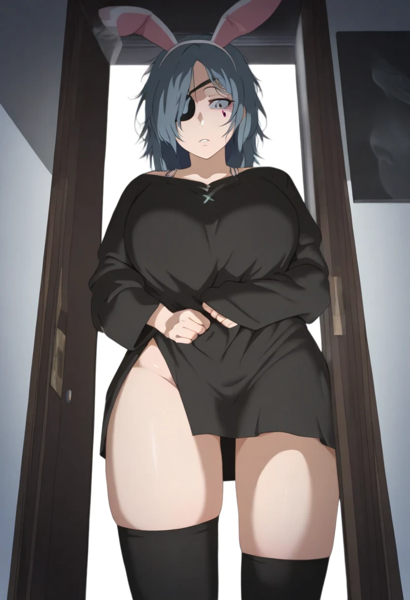 masterpiece, best quality, 1 girl, alone, detailed eyes, good body, beautiful face, smile, thighs, tits, long black stockings, naked, sexy, hot, full body