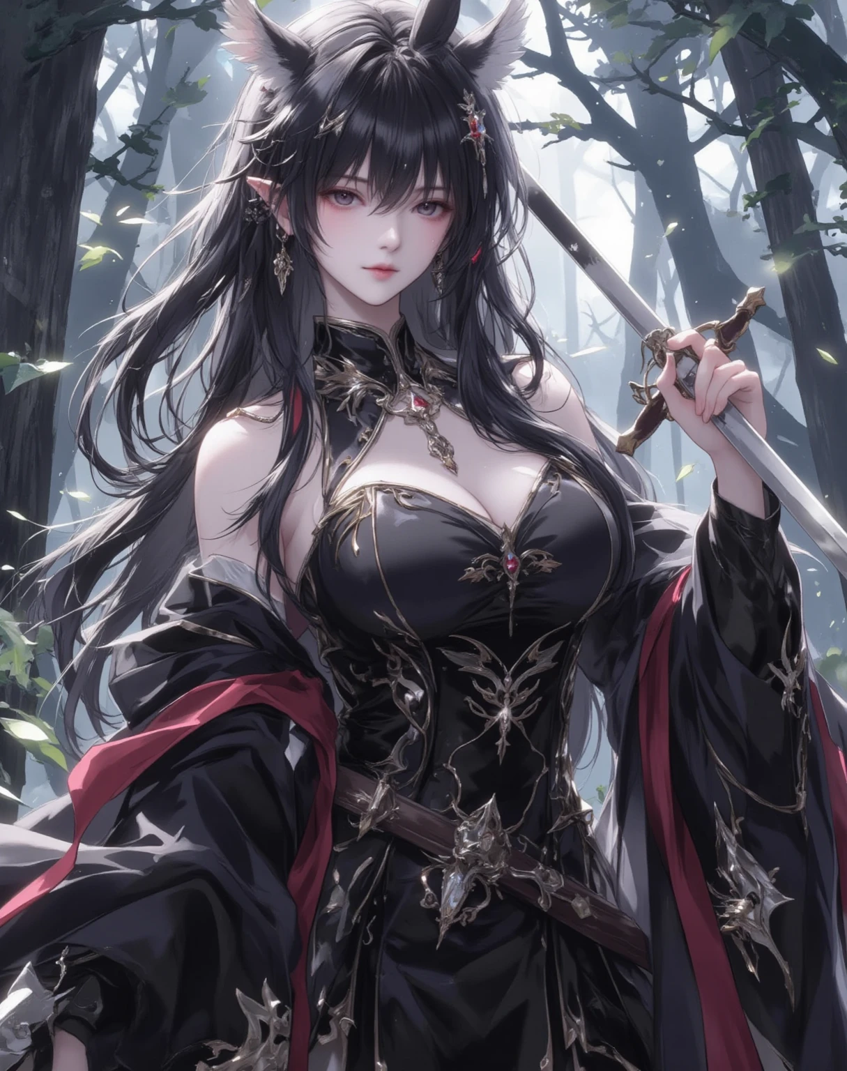 dark bloody atmosphere in oil paint in 32k full hd high quality, dress Black gold blood Arlequina sexy sensual cleavage + Avril Lavigne fusion phoenix holding a black bladed Katana with golden handle, in a cherry blossom forest with a few rays of sunlight passing through the trees, she is hurt, And she has (Black flames) as his greatest power around him, in ART style yuseke Murata
