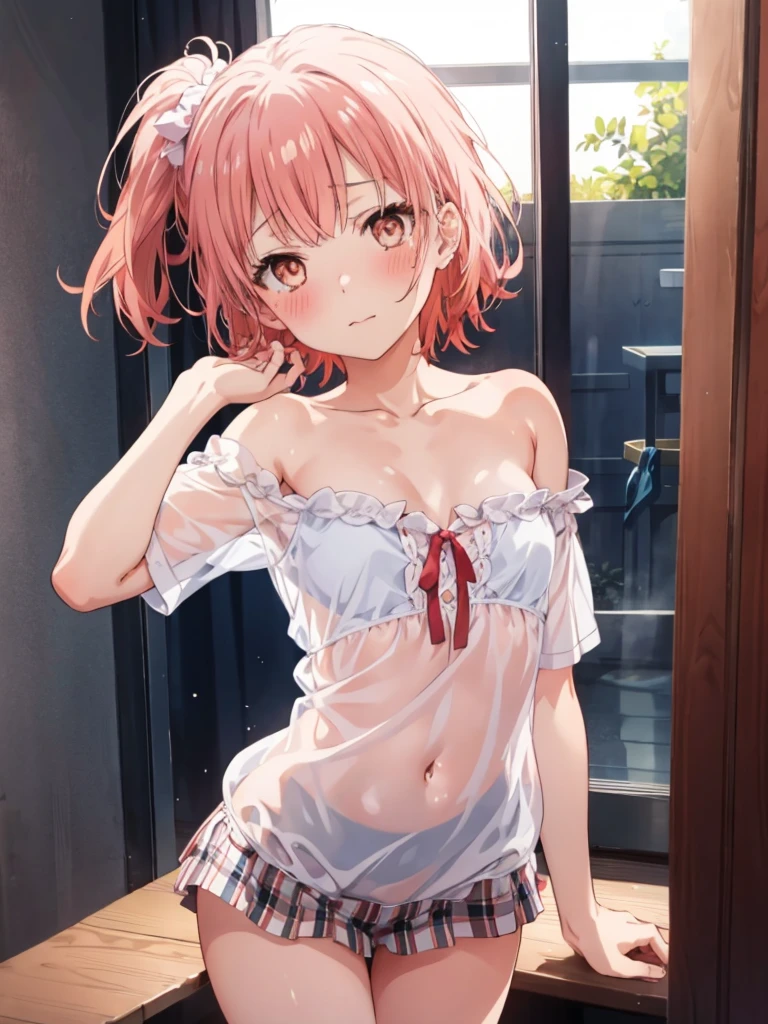 (8k, best quality, masterpiece:1.2),\(Eye details\),\(facial features details\),(\(clothing details details\)\),full body,(facial focus) ,Very detailed CG unity 8K wallpaper,Huge file size,Super detailed,a high resolution,absurd,beautiful eyes,Ray tracing,dramatic shadows,fine details,dramatic angle,superdetailing,(1 girl:1.3),solo,{komeiji_satori_touhou:1.2} (heart, short_hair, hairband, pink_hair, third_eye, pink_eyes, blush, hair_ornament, heart_hair_ornament:1.2),(flat chest:1.25),(stand pose:1.35),(wearing crop tops shirt:1.2),(wearing crop skirt shirt:1.2), skirt lifted, lifted by self, red underwear,