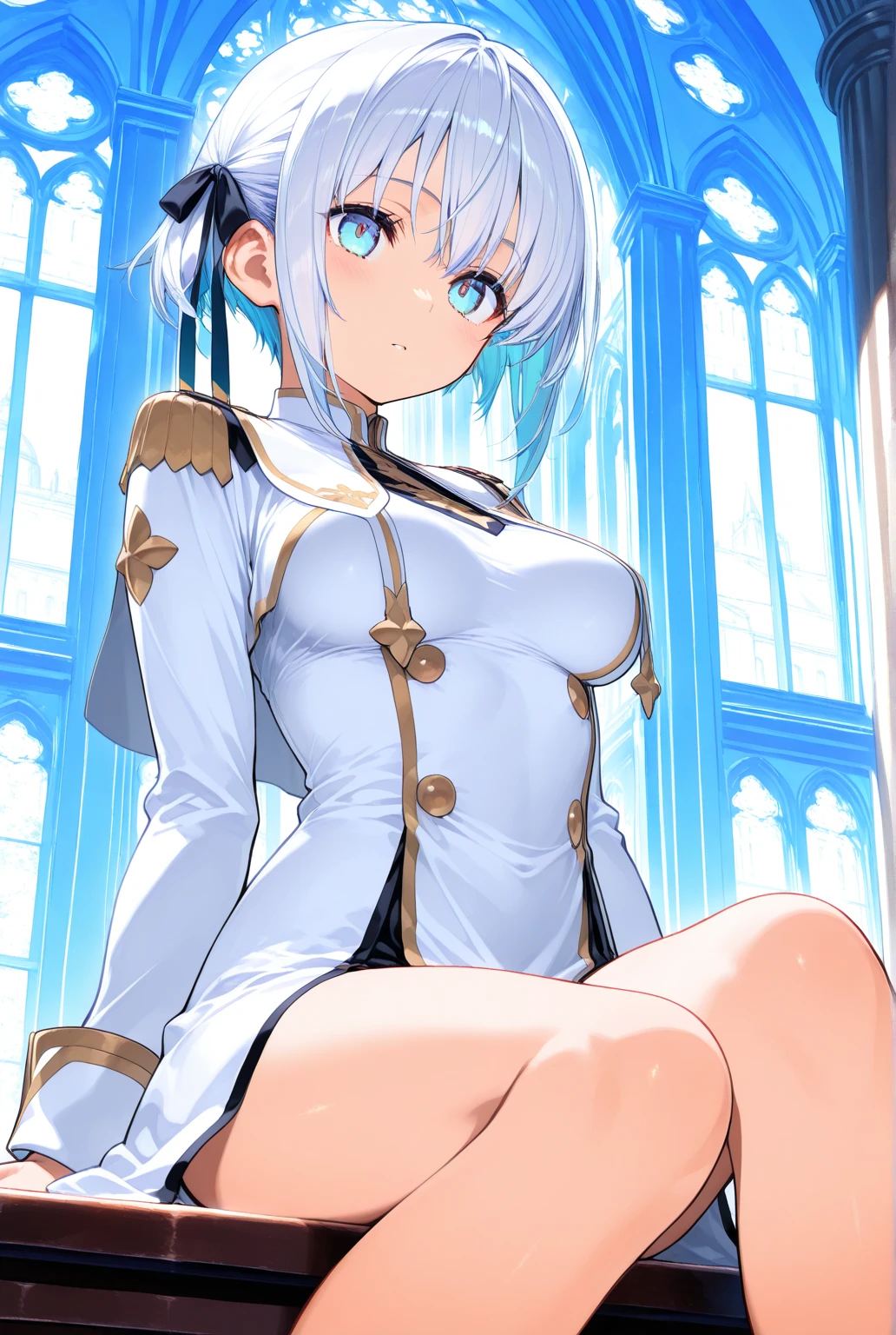 Mature woman, mature face, gentle face, glossy lips, golden eye color, golden eyes, gentle eyes, (braid hairstyle, bob hair, white hair, yellow gradient hair color, glossy hair), slender body, medium breast, thick thighs, saintess clothes, white clothes, white panties, (nipple through clothing), church, spreading legs, crouching, view from above, front view