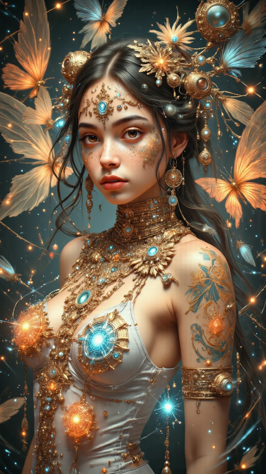 8k portrait of beautiful cyborg with brown hair, intricate, elegant, highly detailed, majestic, digital photography, art by artgerm and ruan jia and greg rutkowski surreal painting gold butterfly filigree, broken glass, (masterpiece, sidelighting, finely detailed beautiful eyes: 1.2), hdr, (detailed background window to a new dimension, plants and flowers:0.7) infinity, infinite symbol,