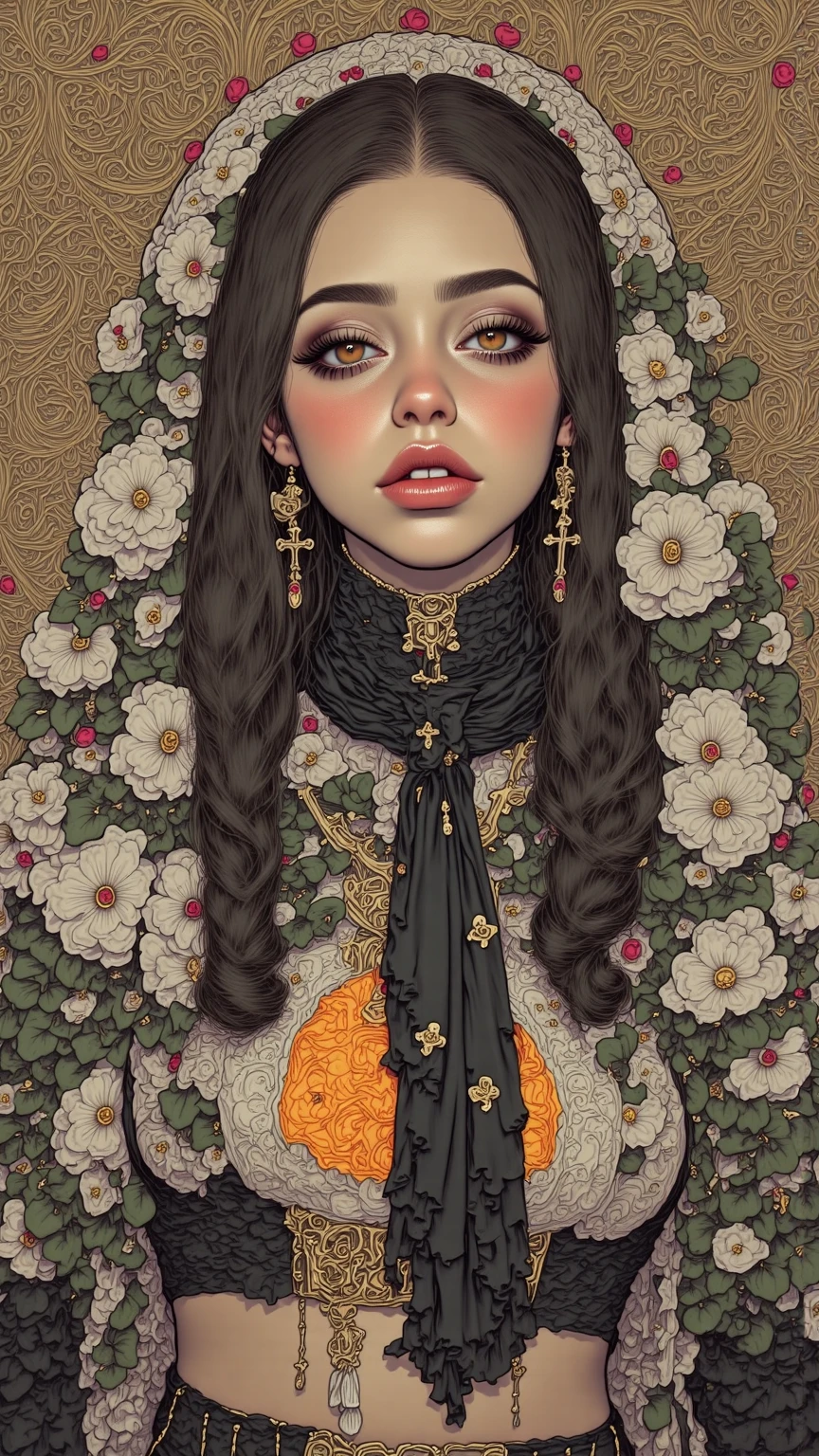 beautiful ebony goddess cloaked in white silk, radiant halo of light, black gold smoke ink, woman covered in butterflies and flowers, peter mohrbacher, artgerm