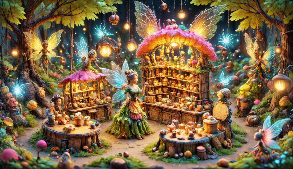 Ultra-detailed whimsical illustration of a fairy participating in a “Mini Shop Showdown” contest, proudly standing in front of her dream micro-storefront. The tiny shop is built into a giant flower, with glowing petals for an awning and shelves made of bark and acorns. The fairy wears a custom apron and poses confidently, ready to win. The scene is full of miniature signs, enchanted products, sparkles, and floating fairy judges in the background. Bright, colorful, joyful atmosphere, UHD 128k style.