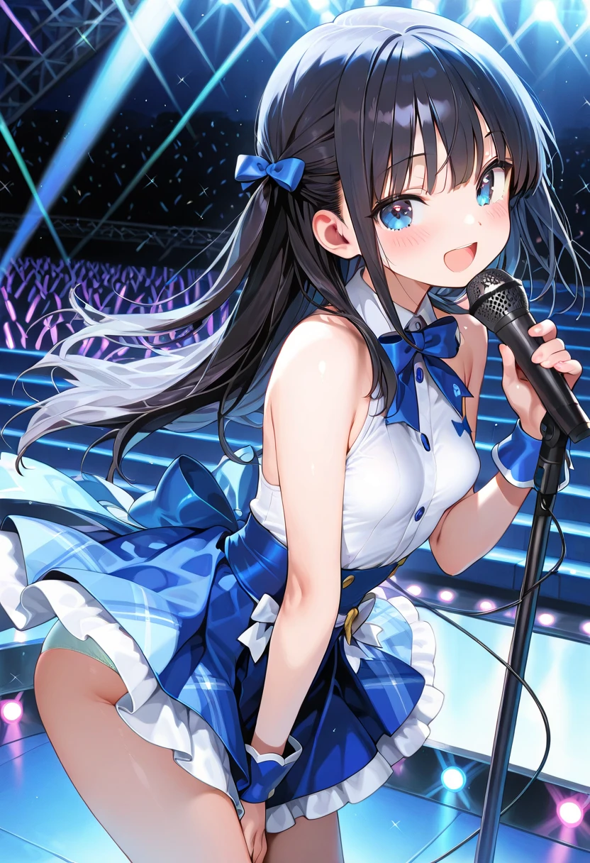(Highest quality, 4K, High resolution, masterpiece:1.2), Very detailed,splashing semen, multiple boys,, hetero, (((he grope girl))), ((grope from behind)), ((cum on body)), (nsfw), medium breasts, ((detail erectile nipples)), (,High Contrast), Cinematic Light, Bright colorsと魅惑的な効果, Soft and delicate lighting, Lens flare, (1 Girl), Black Hair, Long Hair, Straight hair, Red eyes, jewelry, Earrings, Style idol costume, Pleated skirt, Gingham Check Skirt, Beautiful thighs, (blue thong), (cameltoe1.2), (anus), smile, Open your mouth, ((cum on face)), ((Random Action Pose:1.2)), ((With microphone, sing:1.1)), Beautiful Skin, Shiny skin, Perfect Fingers, Five Fingers, ((Live Stage:1.2)), Background Blur, Bright colors.