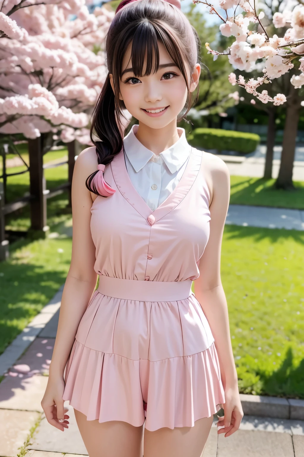 standing under a cherry tree, Japanese girl,20 year old idol girl , cute, (light pink virgin killer outfit:1.5), Shining eyes, black hair ponytail, Depth of the bounds written, f/1.8, anatomically correct, Roughskin , super detail, more information, high quality, super detail, more information, high quality, 最high quality, high resolution , Smiling:1.5