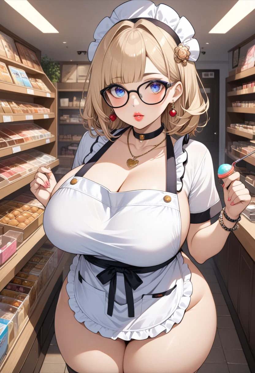 blush, smileglowing aura, natural light, masterpiece, glossy skin, juicy lips , ,sexy, hot, , cleavage, evil,juicy lips, bimbo, hour glass, blonde hair, wide eyes, green eyes, massive boobs, dark lighting, long hair, pink bow, oversized jumper, platform shoes, bow in hair, golden round glasses, sandy blonde hair, bimbo, cute, fluffy white coat, shopping, shopping bags, white fluffy coat, evil smile, no hair on forehead, no fringe, from below, juicy lips, cowboy shot