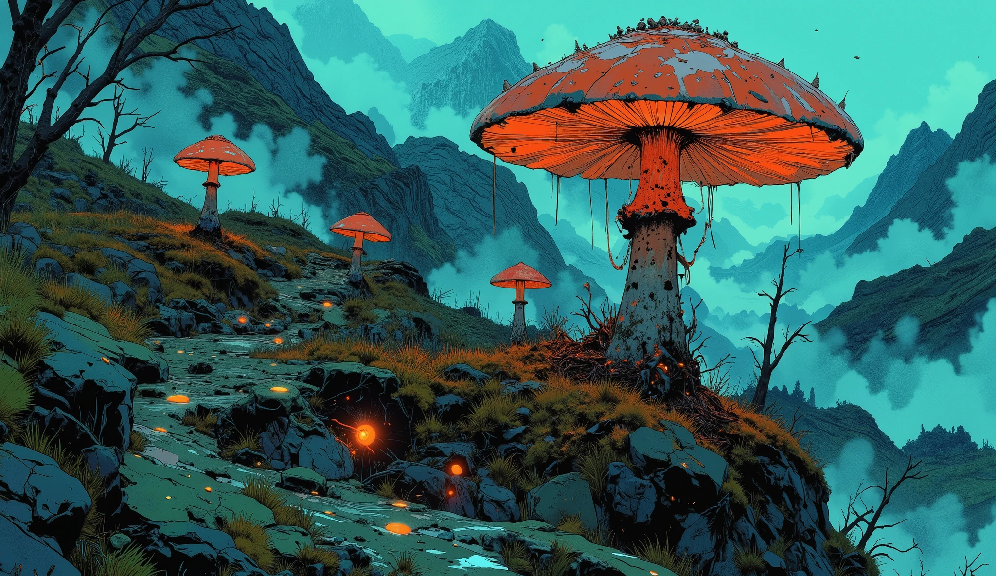 a creepy mushroom, that lives in a poisonous, foggy environment, hochdetailliert, 4k, fotorealistisch, professional, extreme level of detail, physically-based rendering, hdr, studiobeleuchtung, sharp focus, leuchtende farben, depth blur