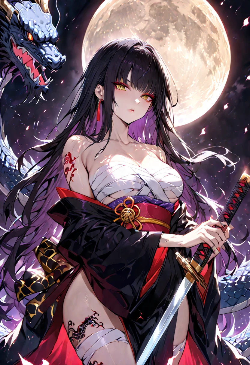 senjumaru shutara, (long hair, bangs, blunt bangs, black hair, sidelocks:1.5), (black eyes:1.5), makeup, lipstick, red lipstick, breasts, epic art, fantasy, blood, 1girl, breasts, blood_on_face, letterboxed, cleavage, black_dress, bloody_weapon, bloody_clothes, dress, medium_breasts, solo, blood_splatter, looking_at_viewer, glow effects, godrays, Hand drawn, render, 8k, octane render, cinema 4d, blender, dark, atmospheric 4k ultra detailed, cinematic, Sharp focus, big depth of field, Masterpiece, colors, 3d octane render, 4k, concept art, trending on artstation, hyperrealistic, Vivid colors, extremely detailed CG unity 8k wallpaper, trending on CGSociety, Intricate, High Detail, dramatic, anime coloring, anime screencap, steaming body, fog, heavy breathing,