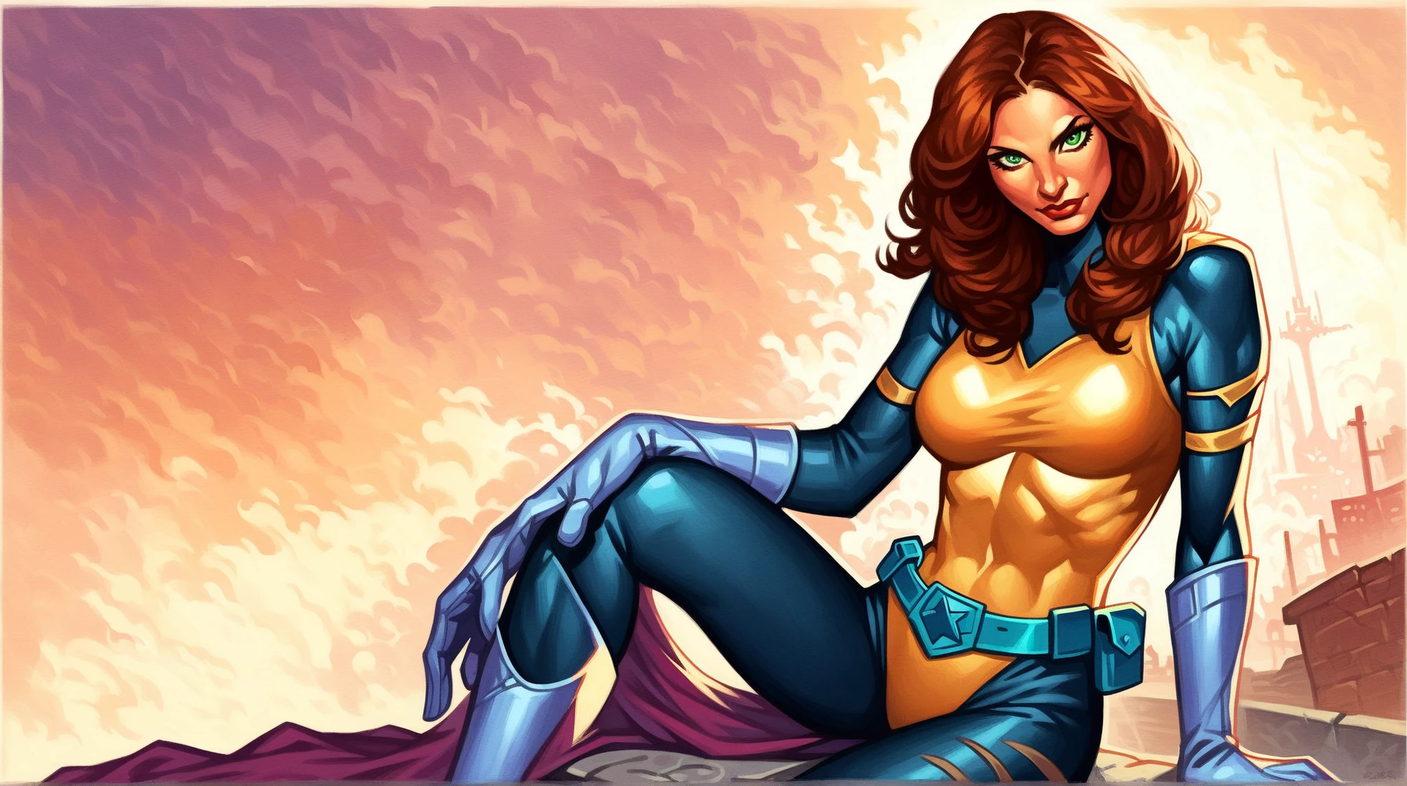 Xmen Mystique,(Raven Darkholm) orange hair,blue skin,yellow eyes,Close up of breasts, black leather bikini, tropical waterfall location, smile