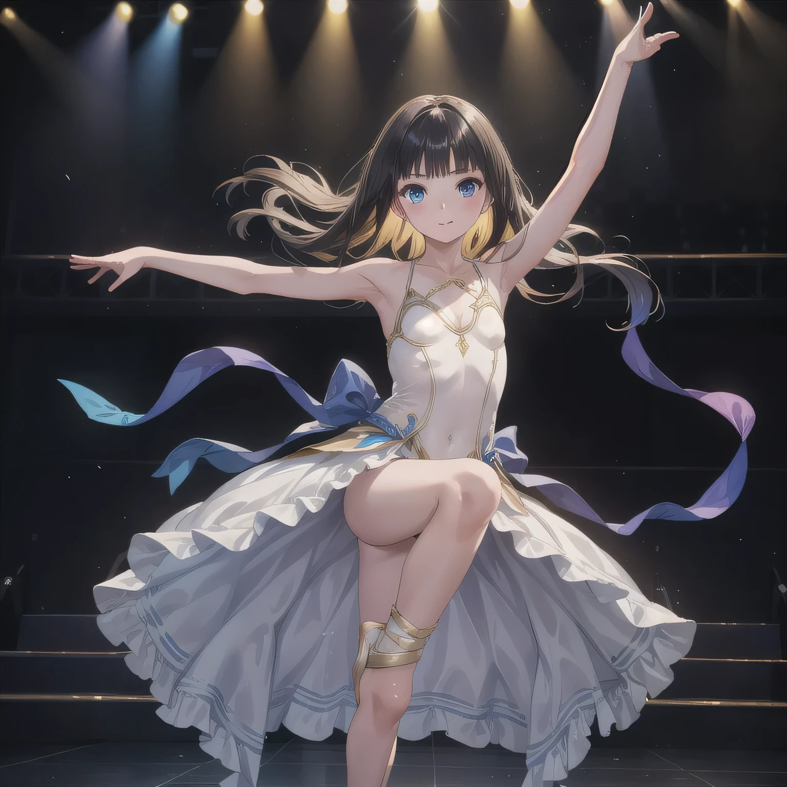 masterpiece, best_quality, 1girl, solo, tutu, standing, blue tutu, on stage, stage lights,